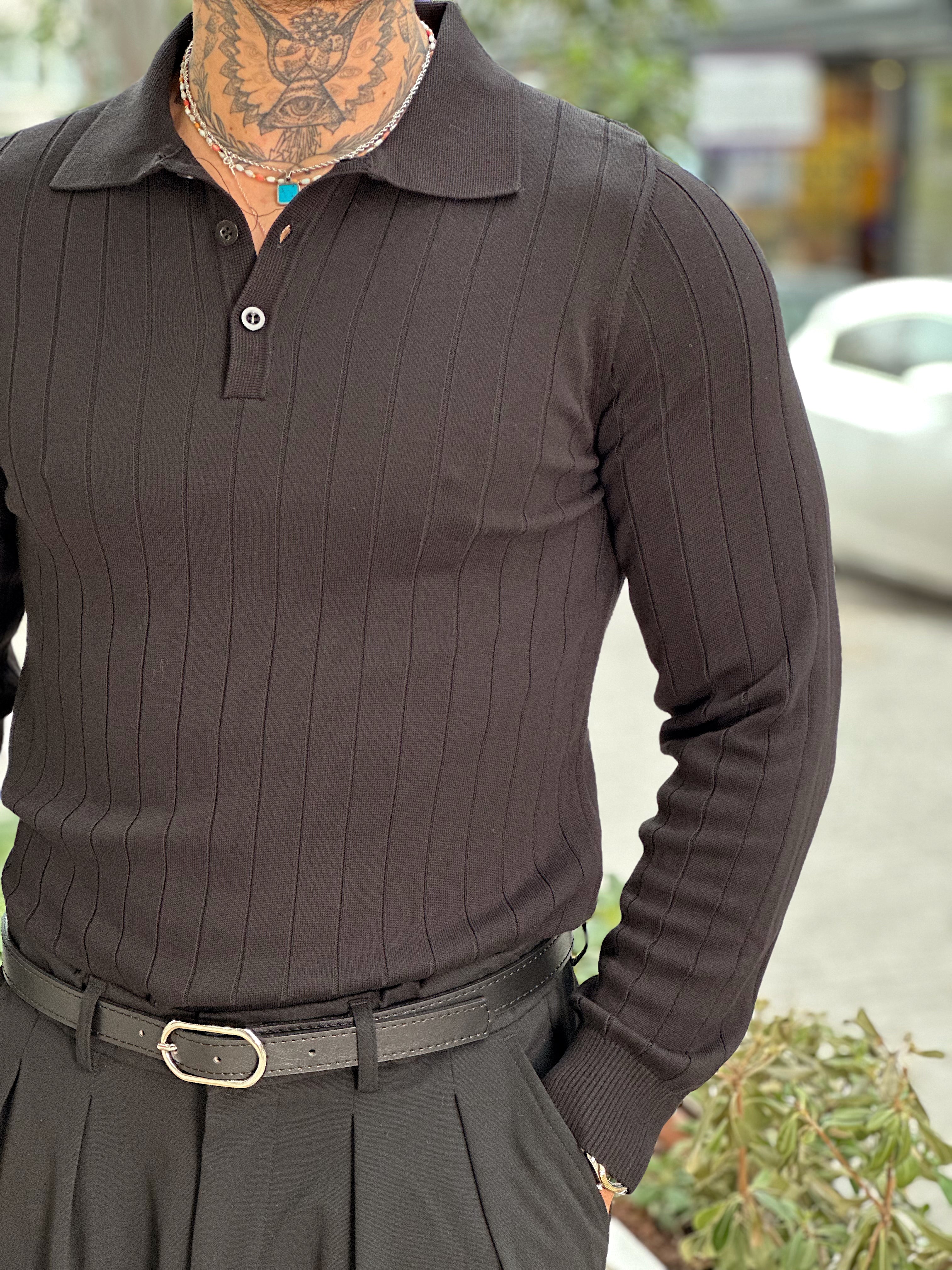 MS4087 - Yakası Düğmeli Fitilli Basic Sweatshirt siyah