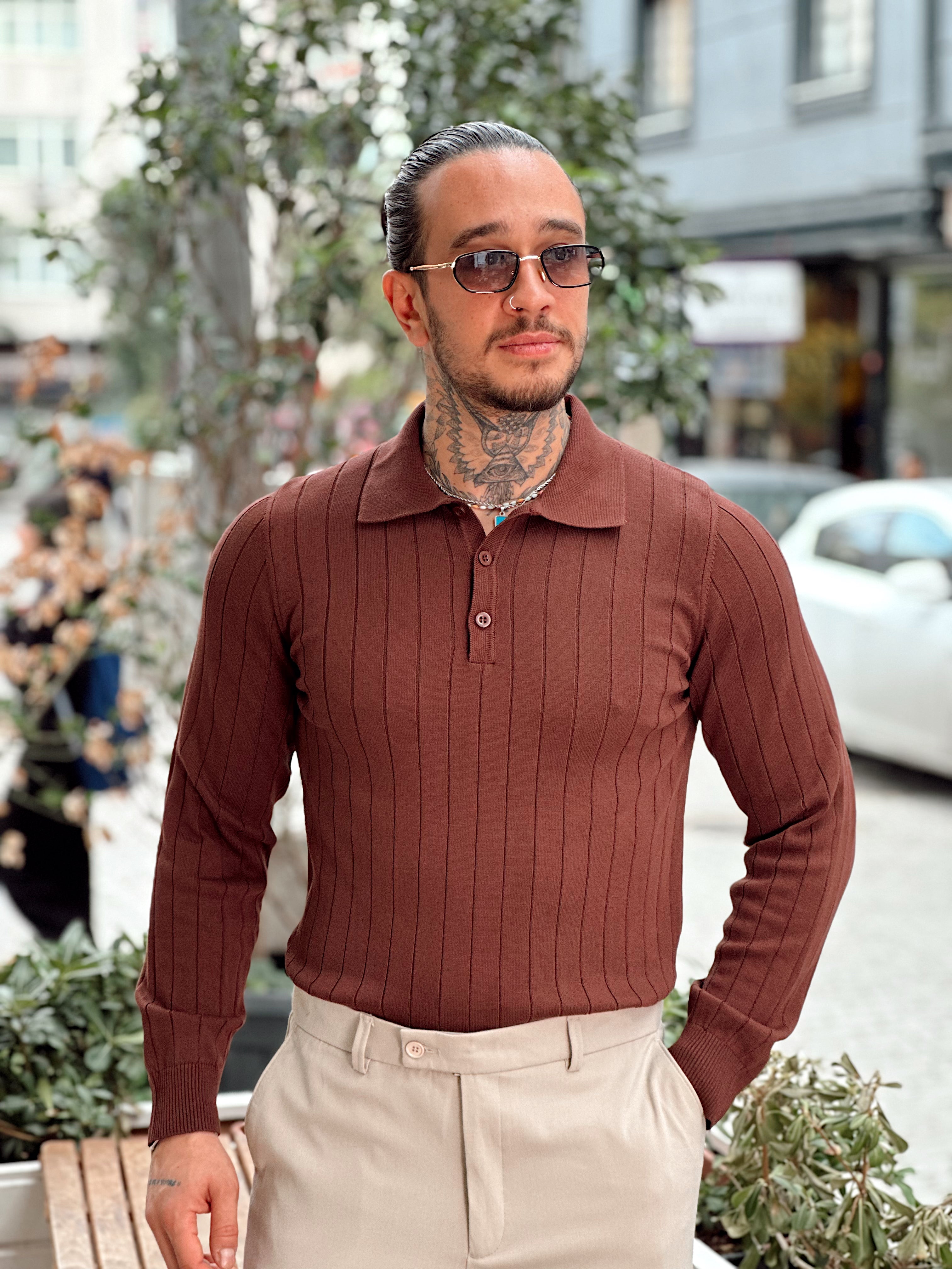 MS4087 - Yakası Düğmeli Fitilli Basic Sweatshirt kahve