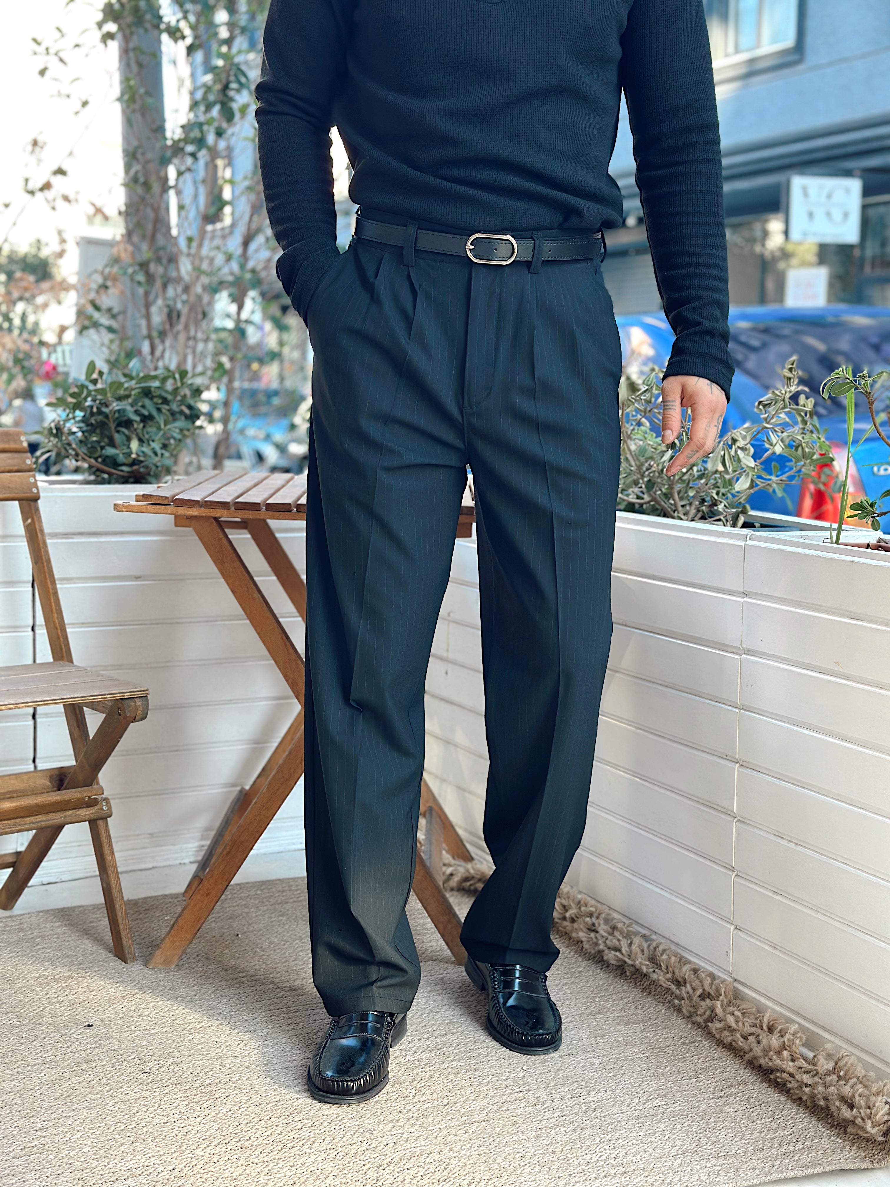 MP4098 - Giesto Çift Pileli Çizgili Baggy Kumaş Pantolon siyah