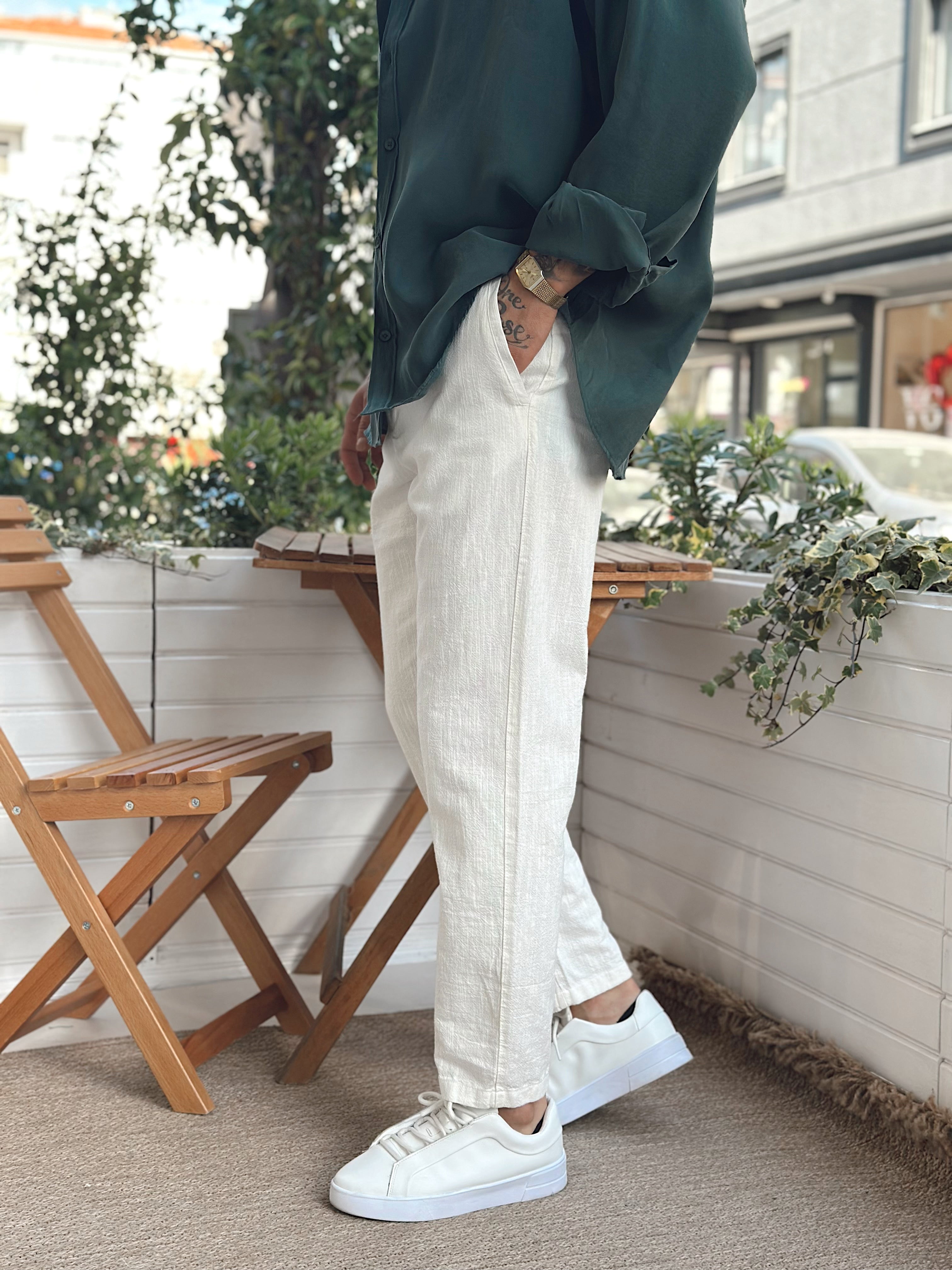 MP2832 - İtalyan Kesim Keten Pantolon beyaz