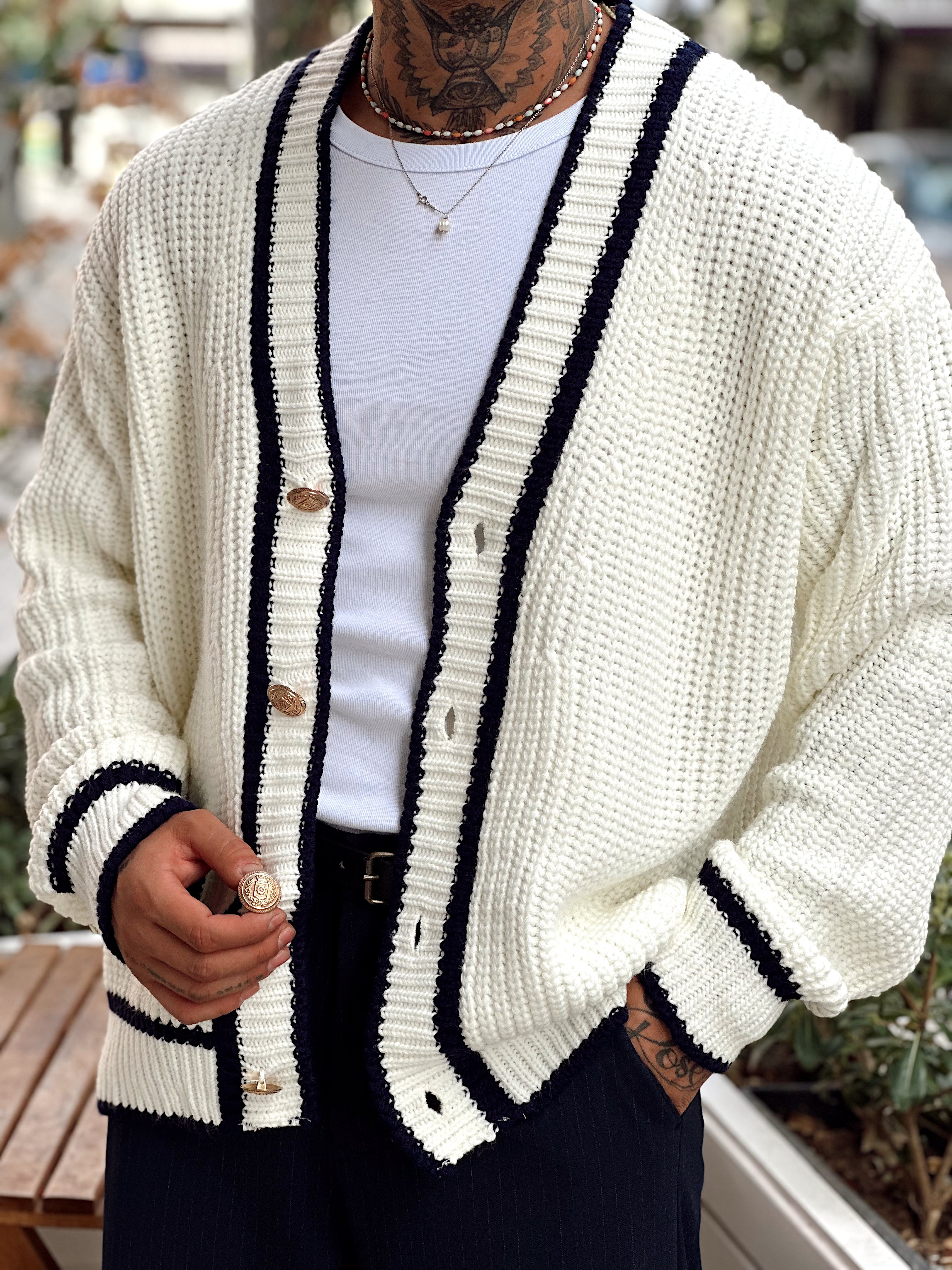 MS4004 - Old Money Çift Renk Örme Hırka krem