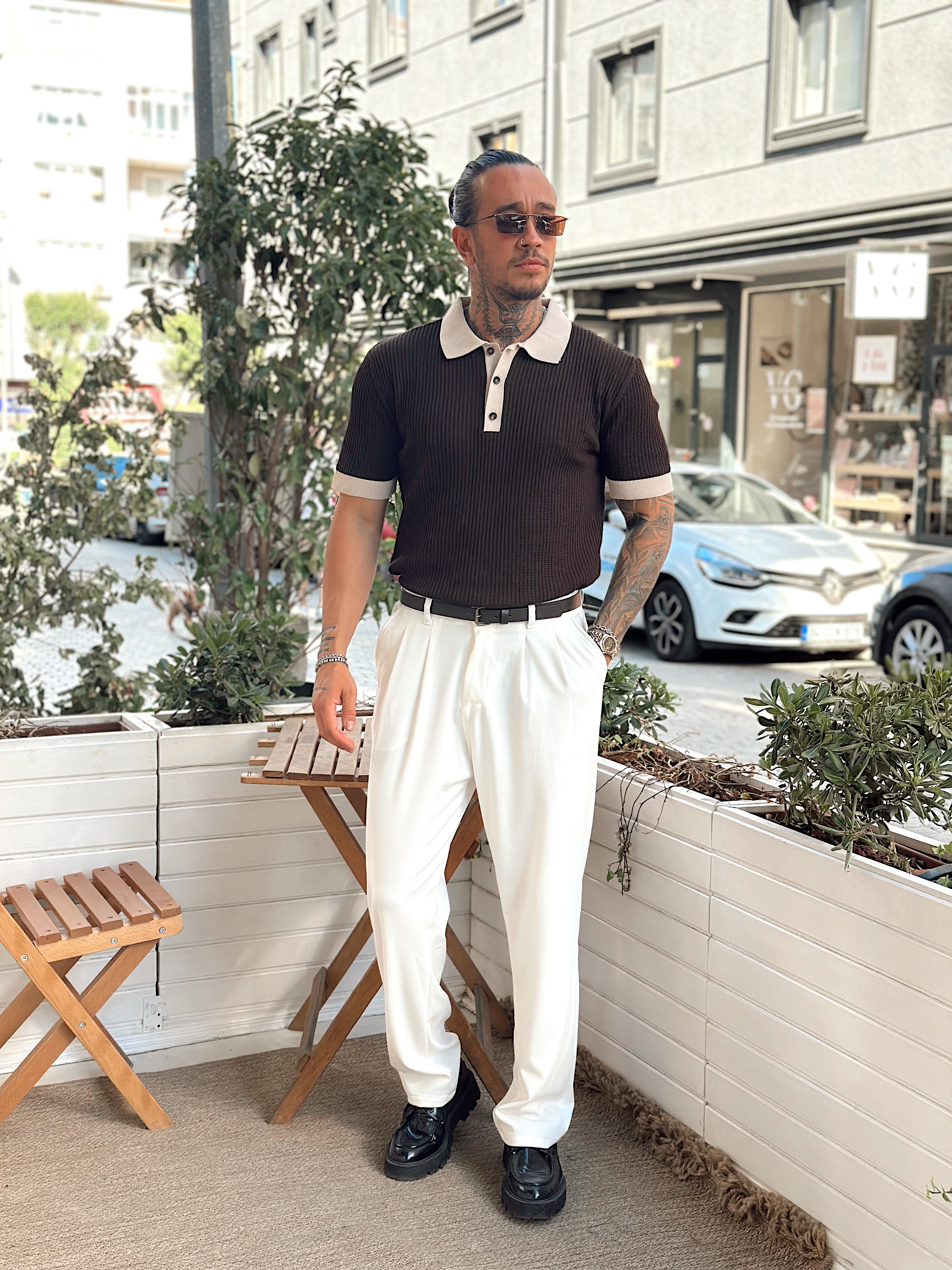 MT3027 - Çift Renk Örme Polo Yaka Triko kahve
