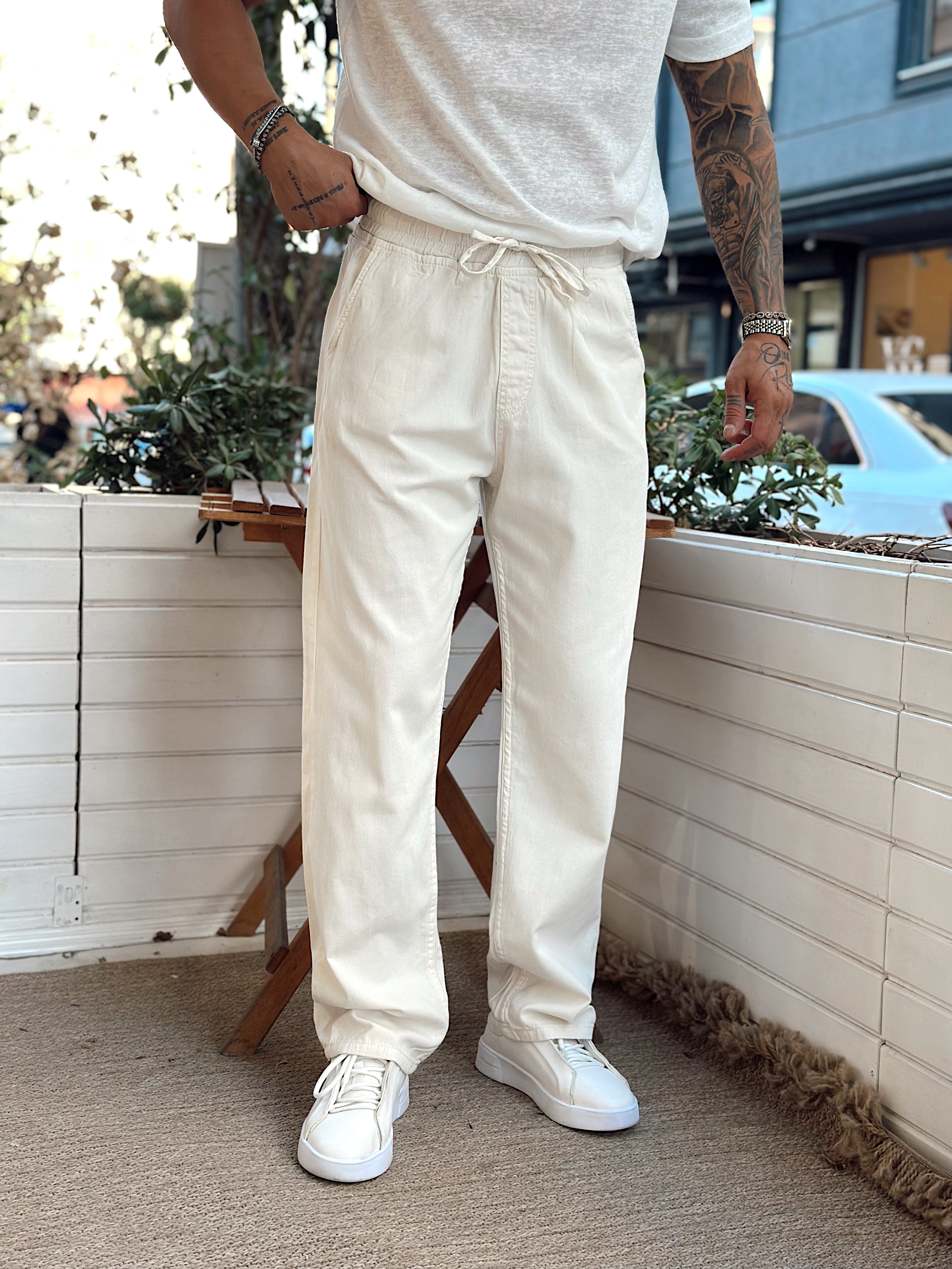 MP3098 - Beli İpli Baggy Kot Pantolon krem