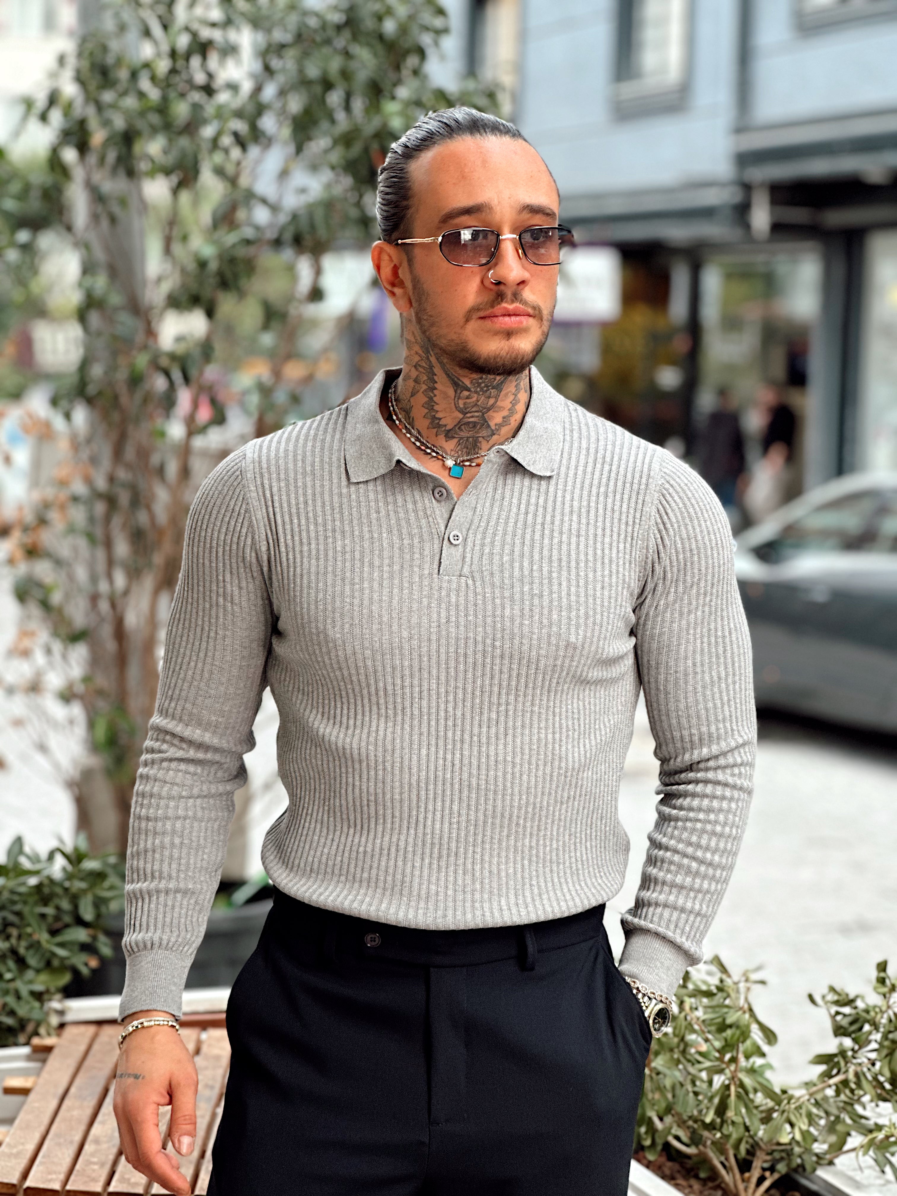 MS4082 - Giesto Fitilli Polo Yaka Sweatshirt gri