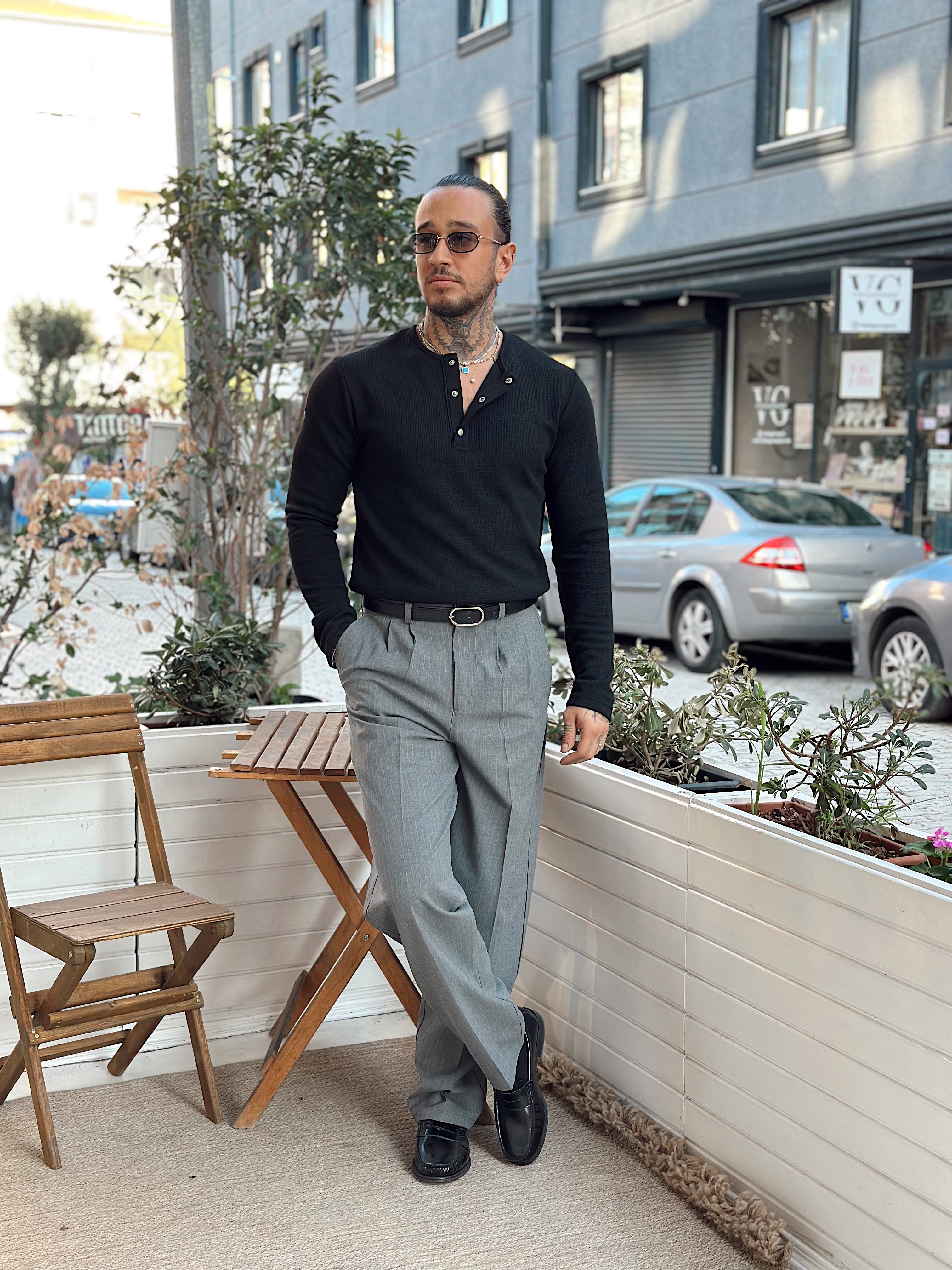 MS4043 - Basic Yaka ÇıtÇıtlı Waffle Kumaş Sweatshirt Siyah