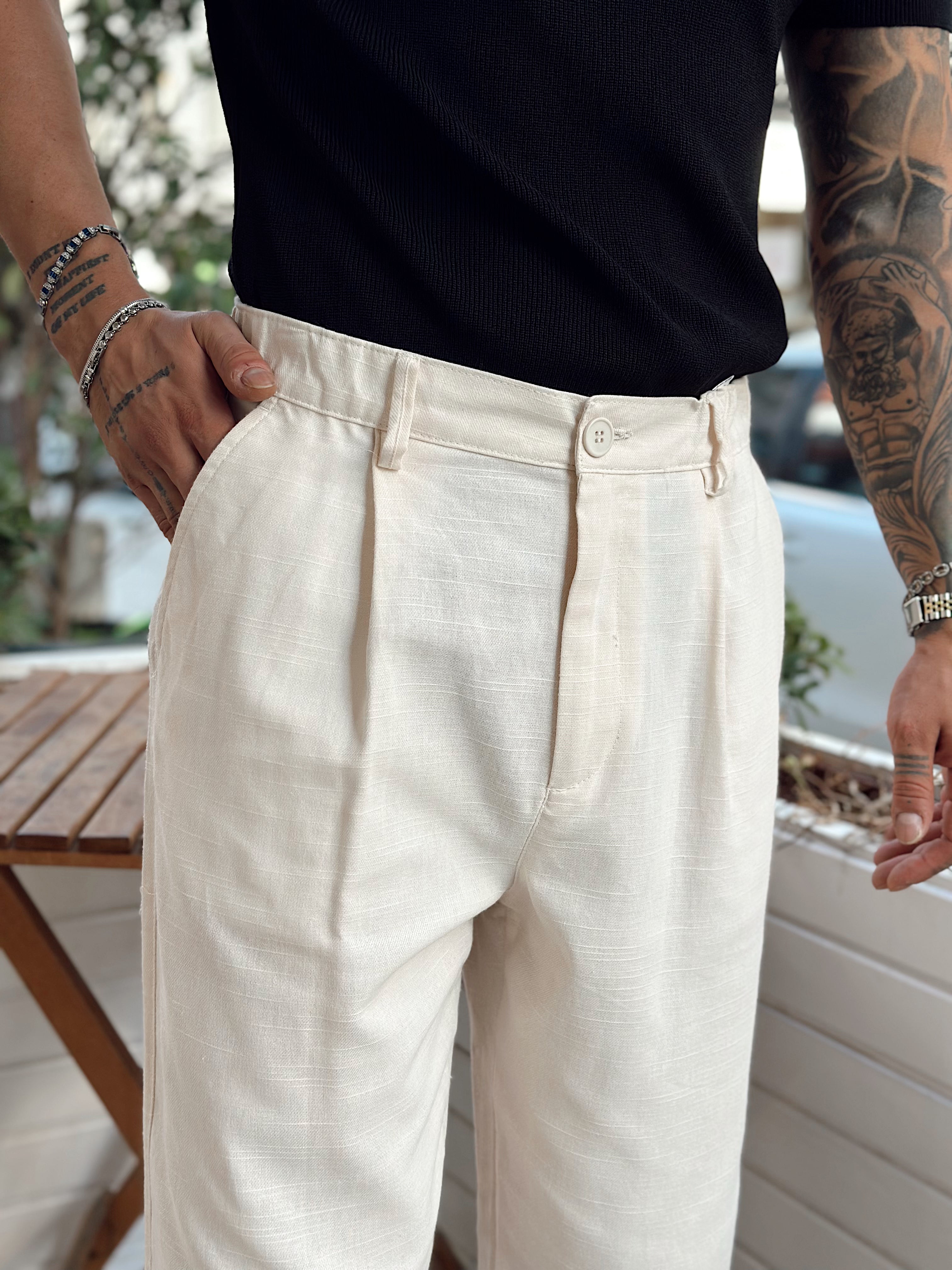 MP3066 - Baggy Pileli keten Pantolon krem