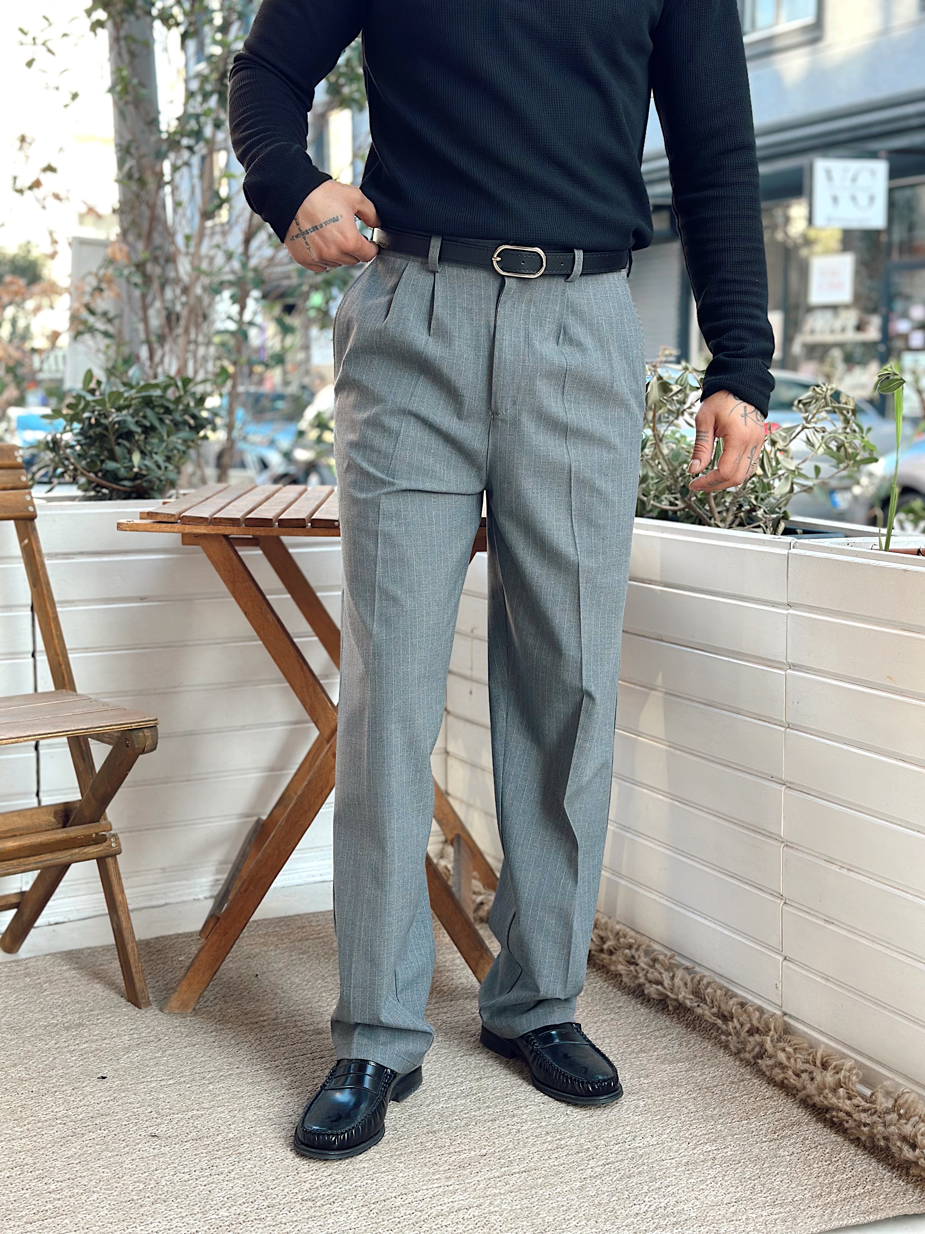 MP4098 - Giesto Çift Pileli Çizgili Baggy Kumaş Pantolon gri