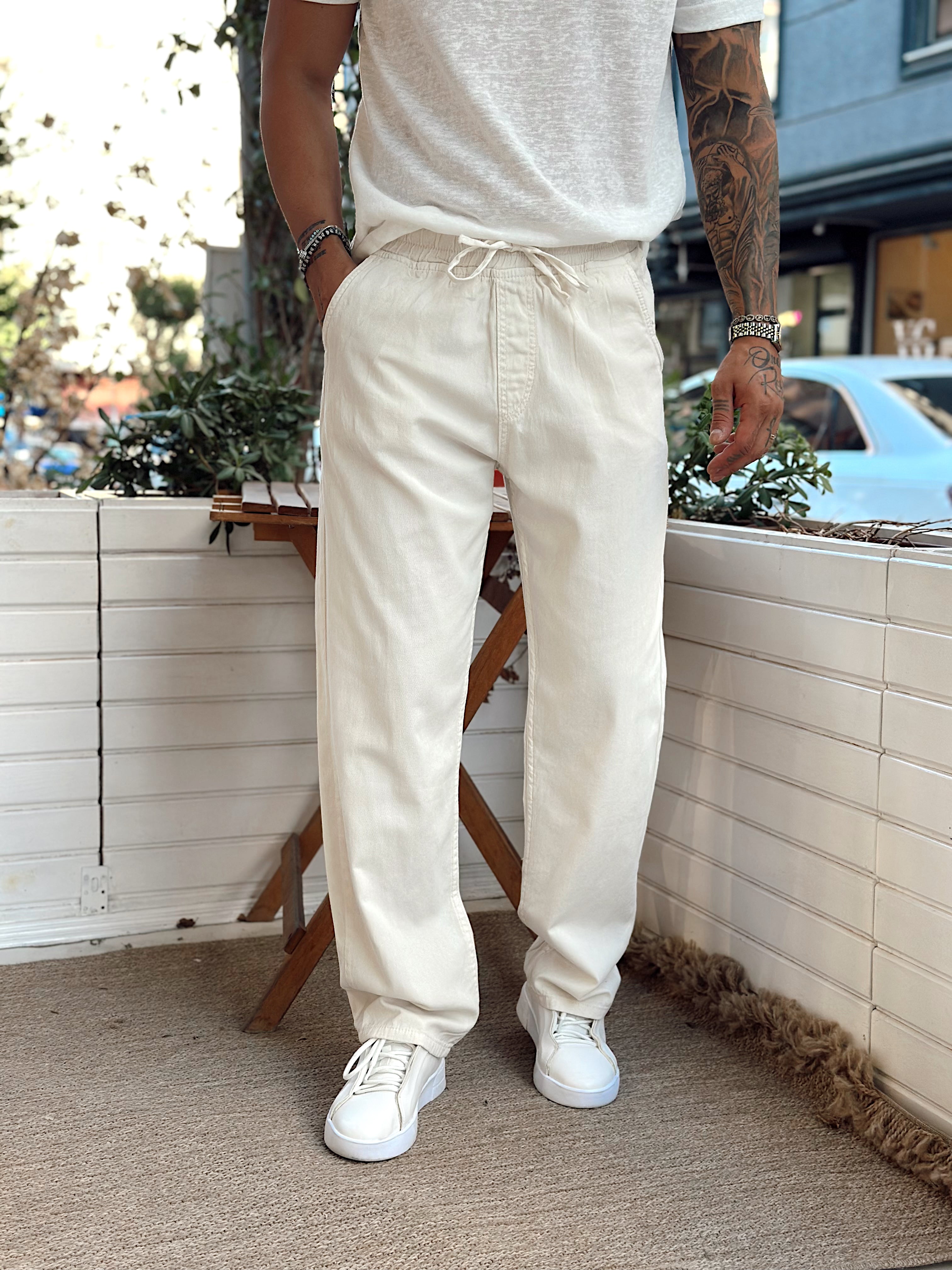 MP3098 - Beli İpli Baggy Kot Pantolon krem