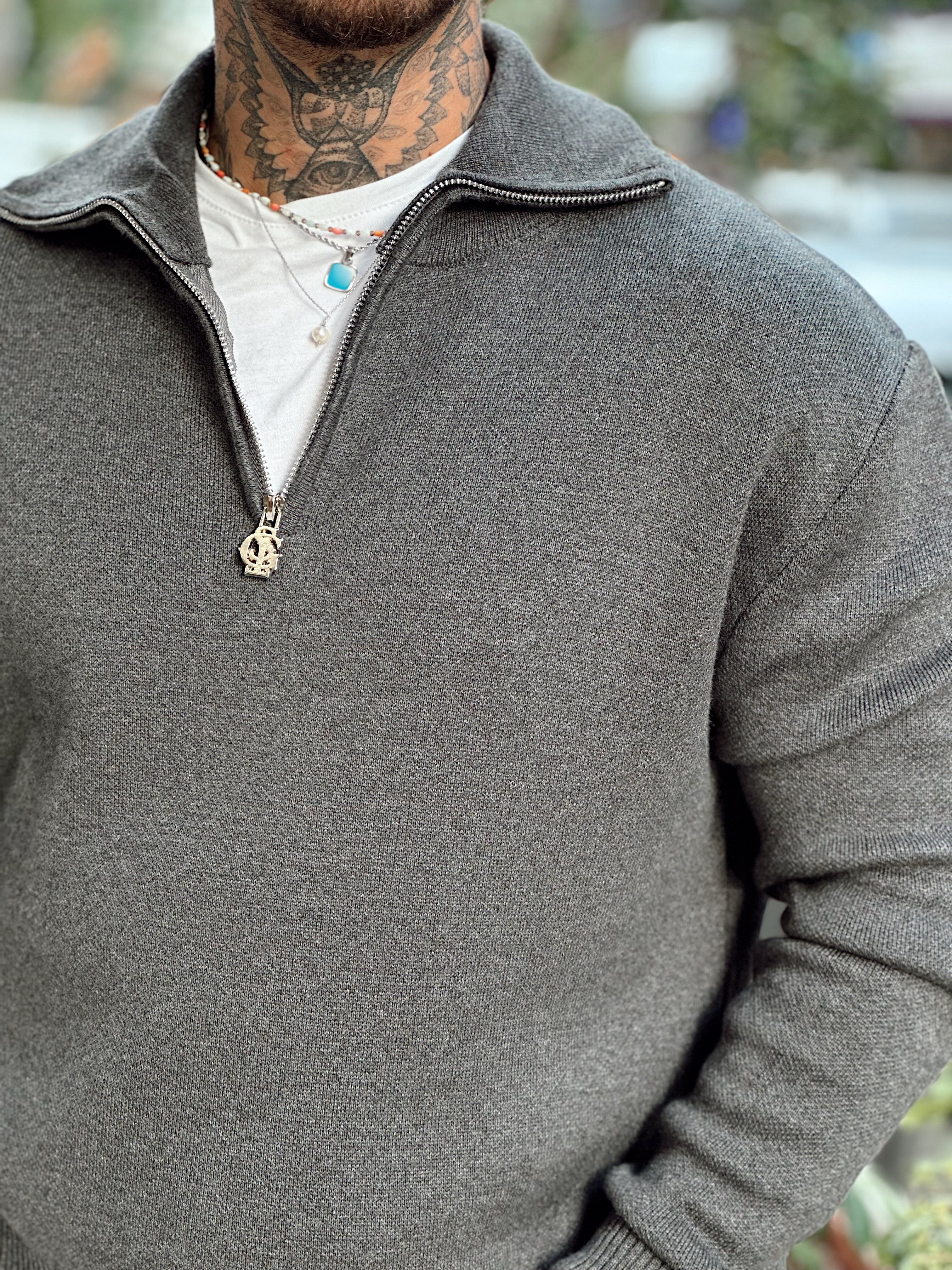 MS4058 - Yakası Fermuarlı Oversize Basic Triko Sweatshirt gri