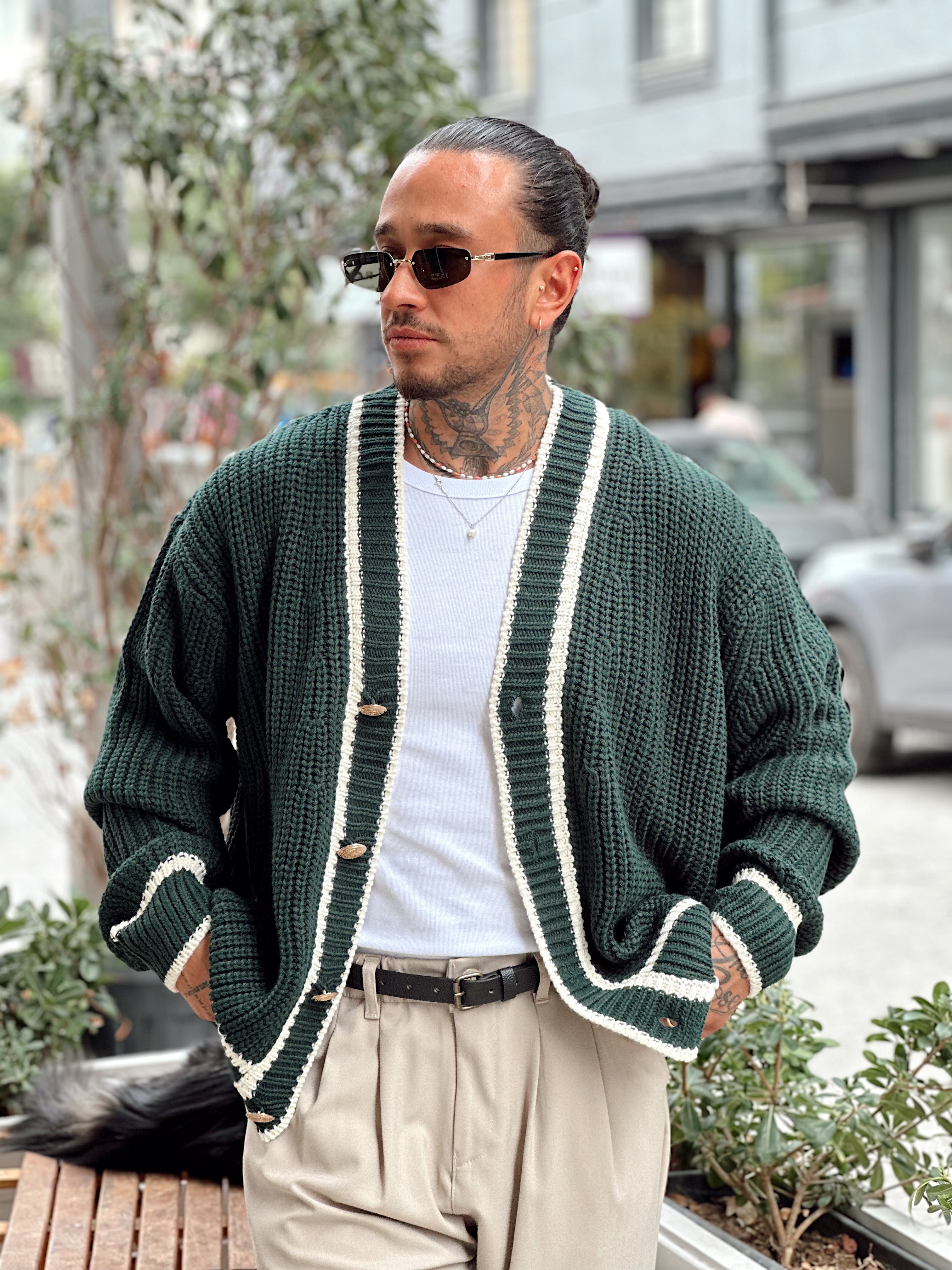 MS4004 - Old Money Çift Renk Örme Hırka yeşil