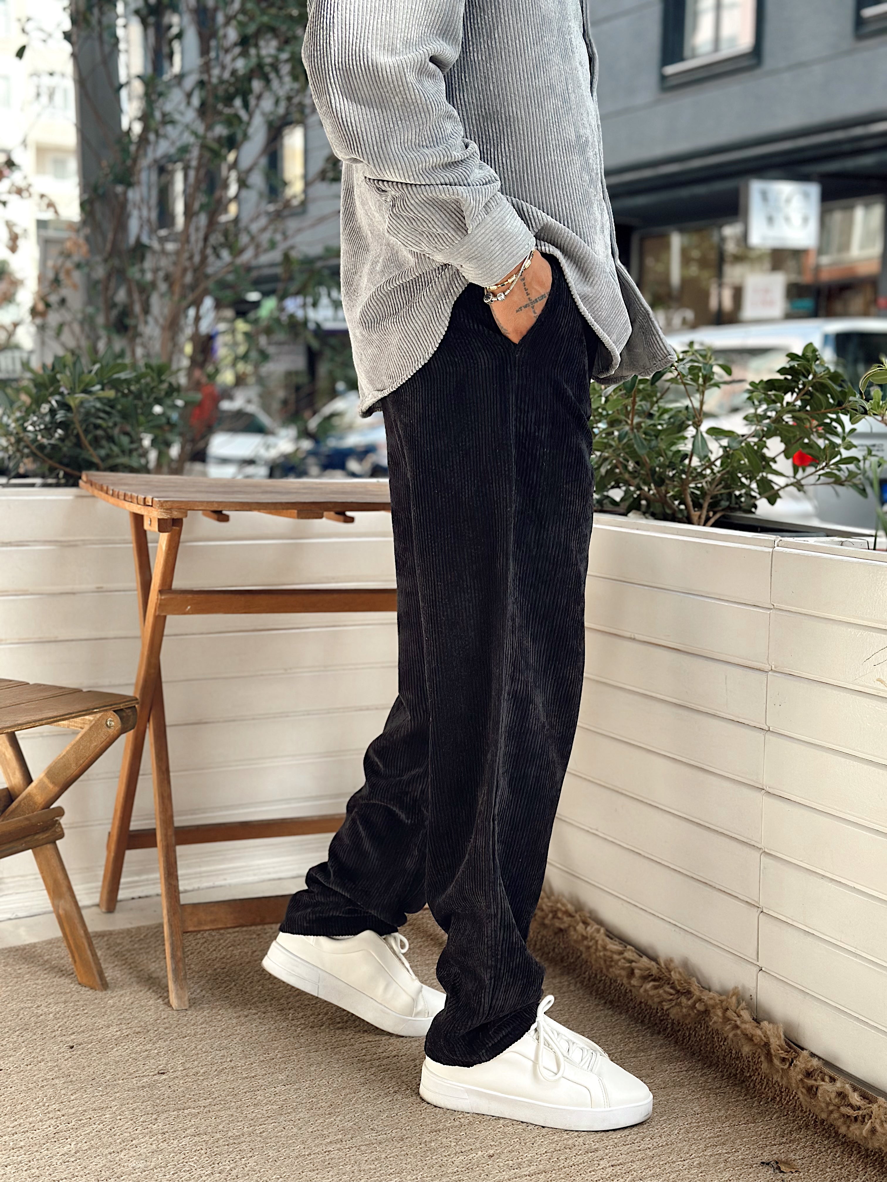 MP4032 - Pileli Baggy Kadife Pantolon Siyah