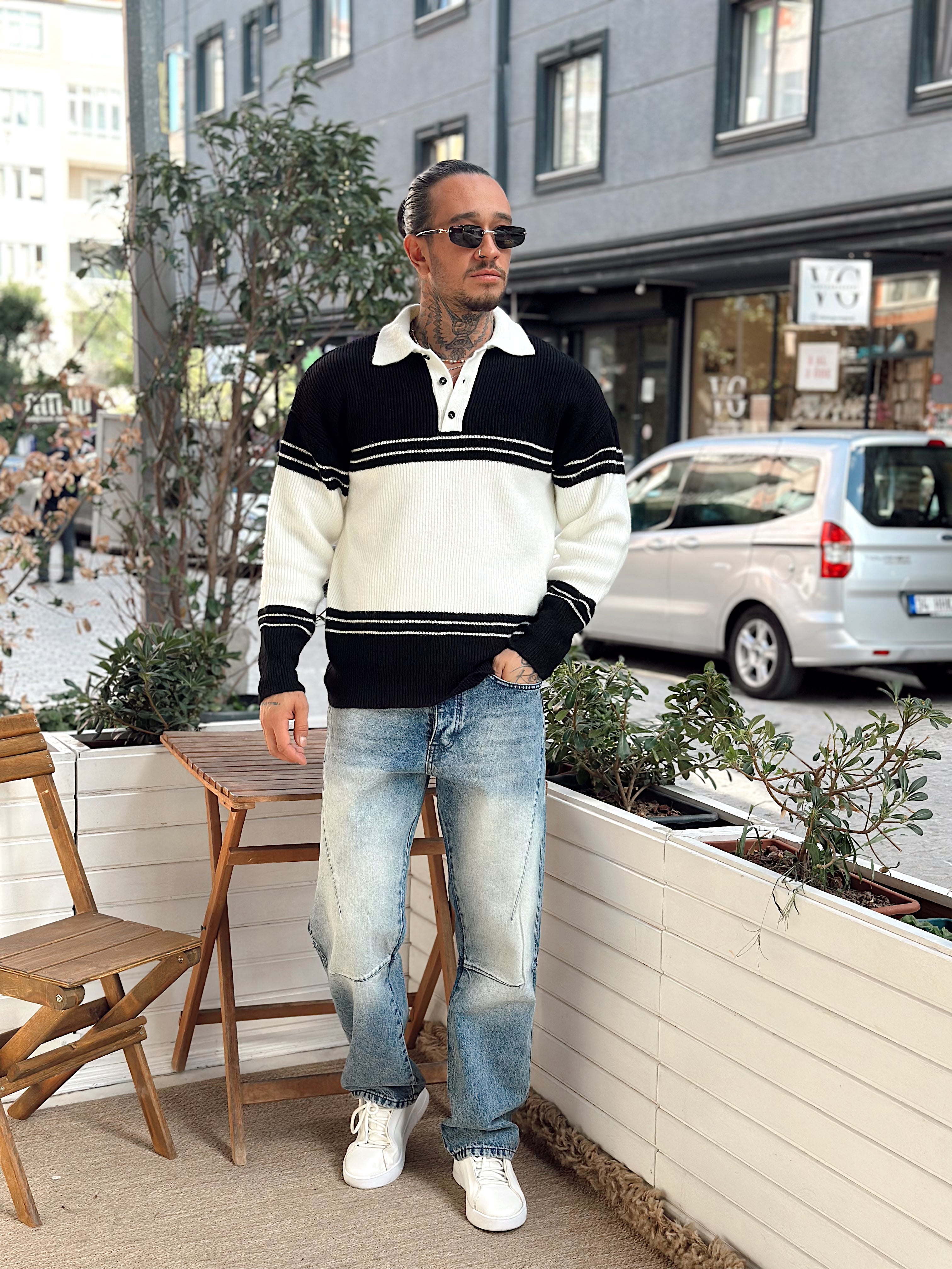 MS4037 - Çift Renk Vanc Triko Polo Yaka Siyah