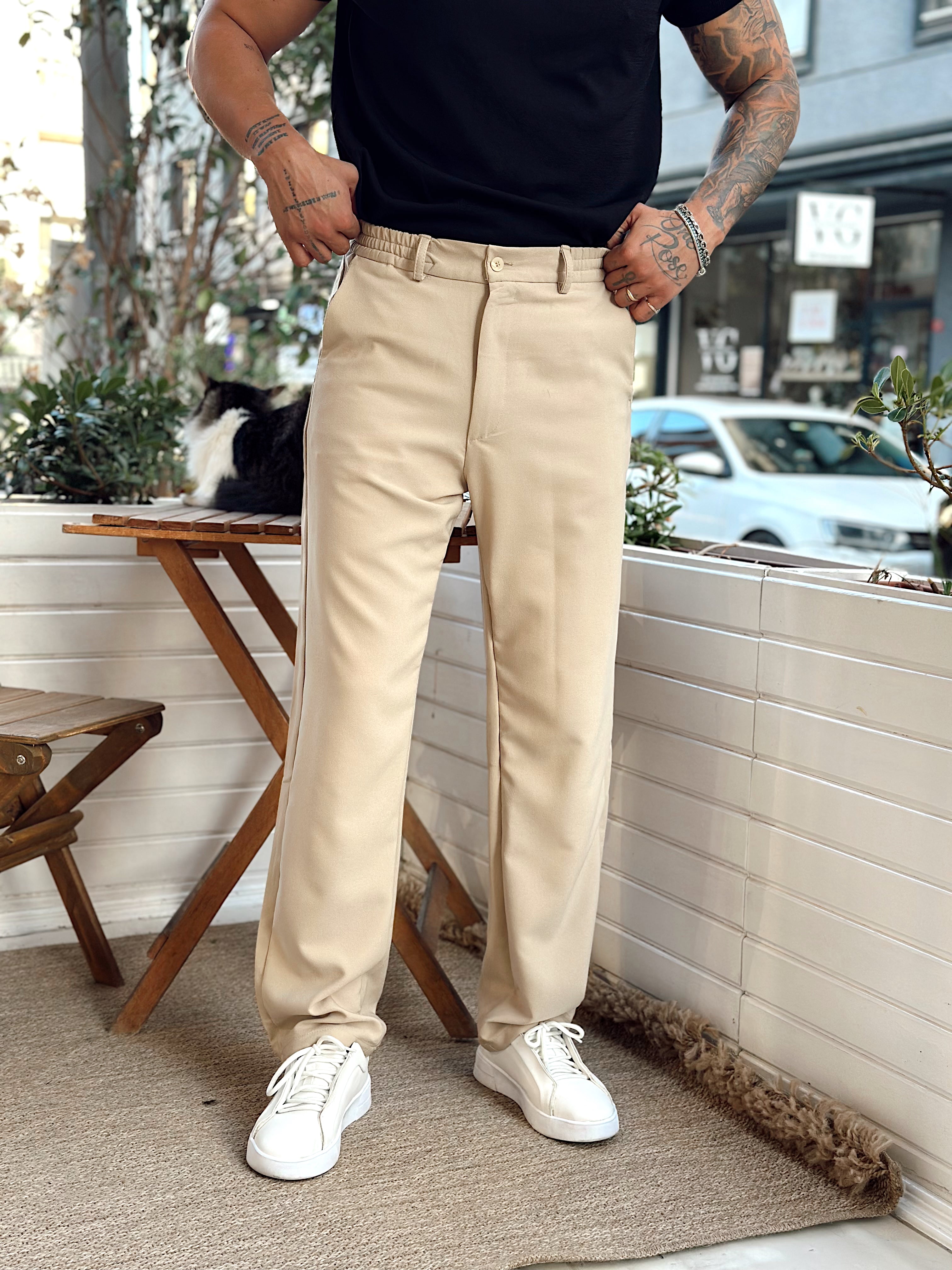 MP3239 -Baggy Basic Tek Düğmeli Jogger Pantolon krem
