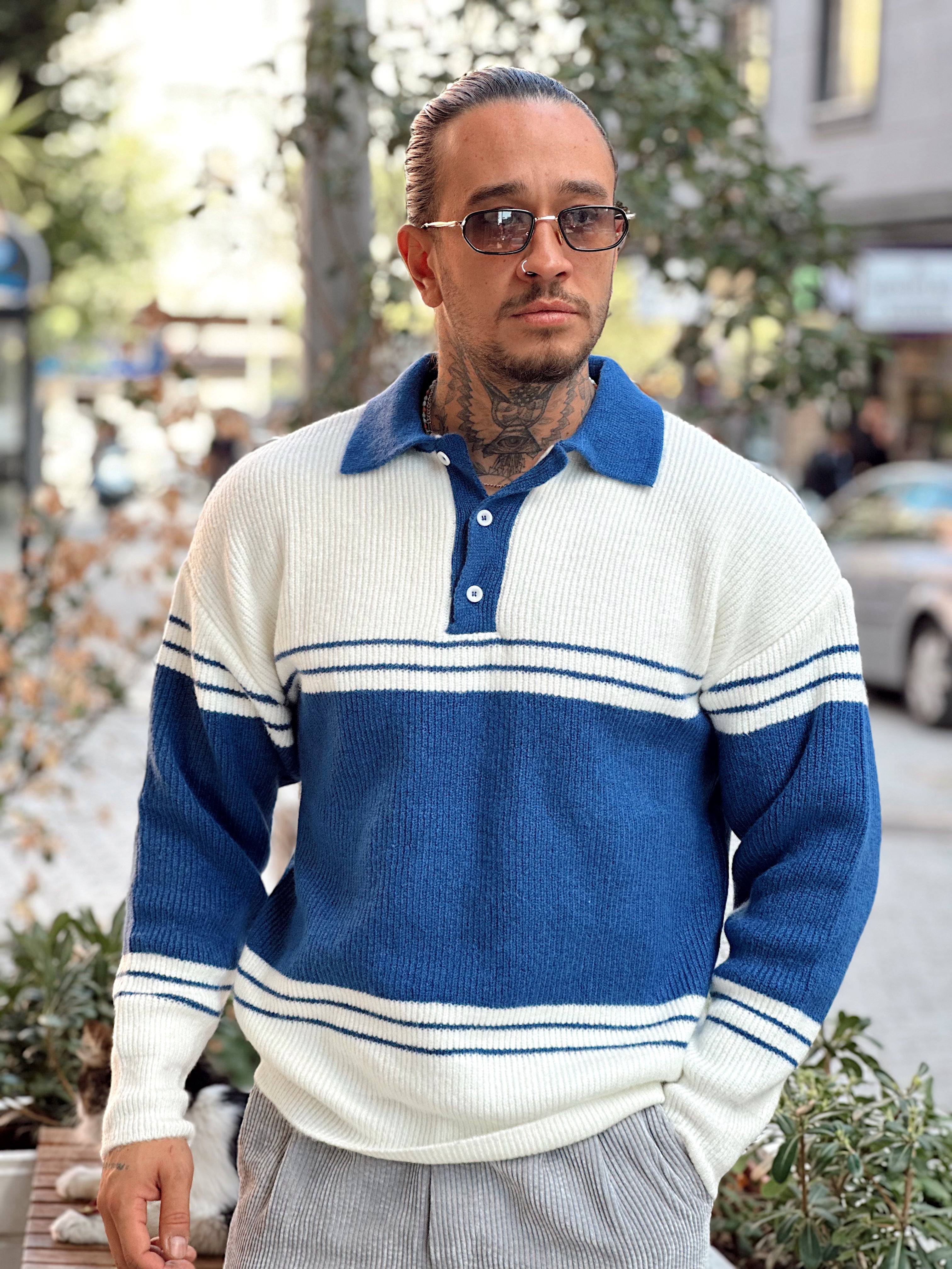 MS4037 - Çift Renk Vanc Triko Polo Yaka mavi