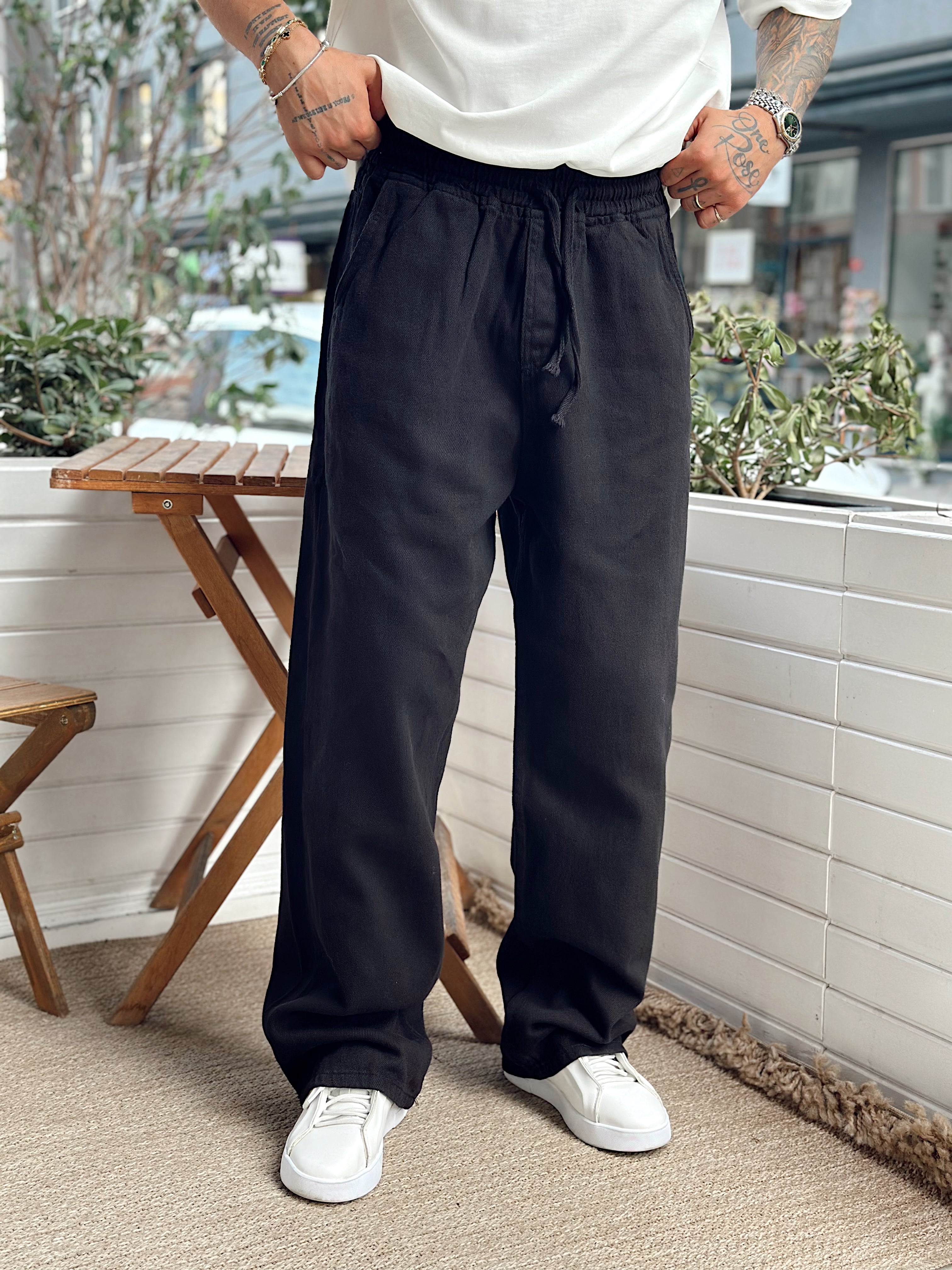 MP4081 - Beli İpli Baggy Gabardin Pantolon siyah