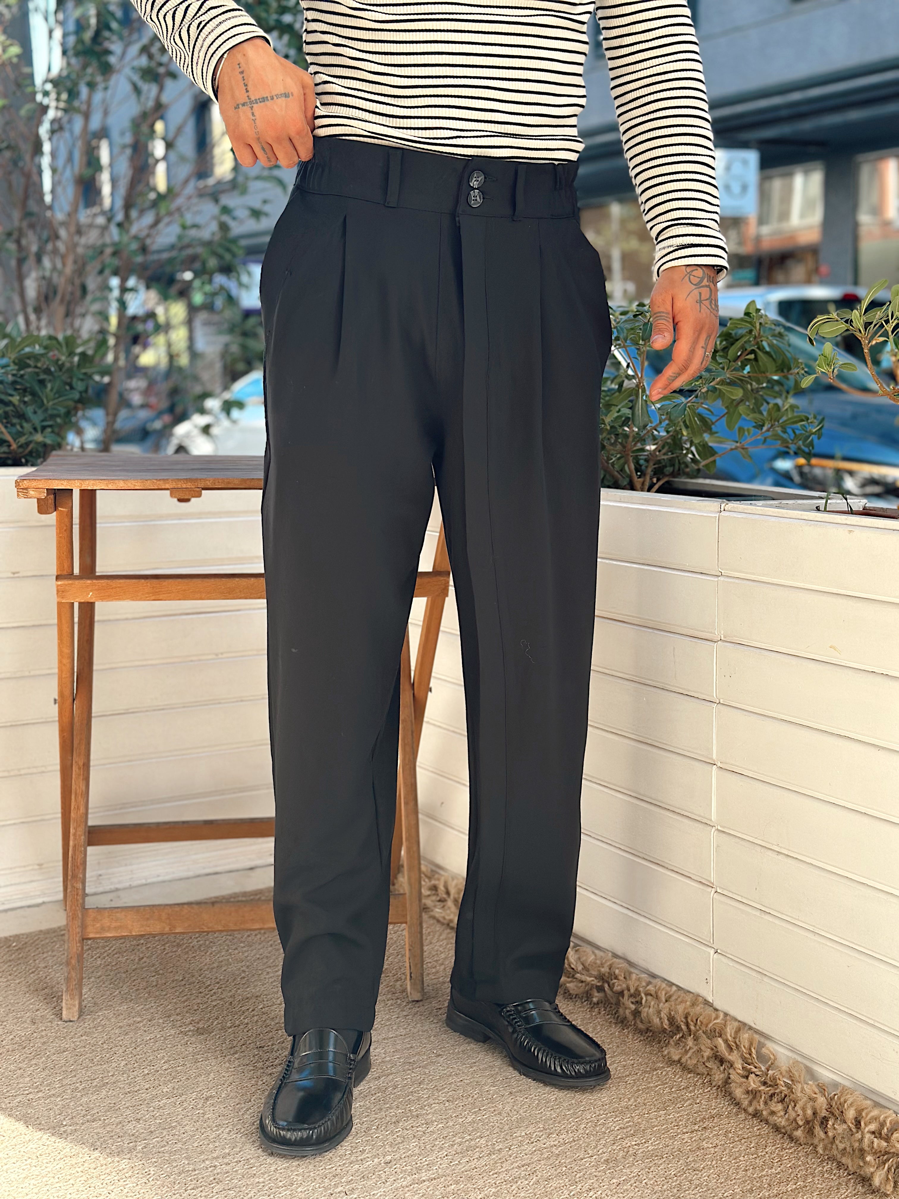 MP4040 - Çift Düğmeli Full Patlı Baggy Pantolon siyah