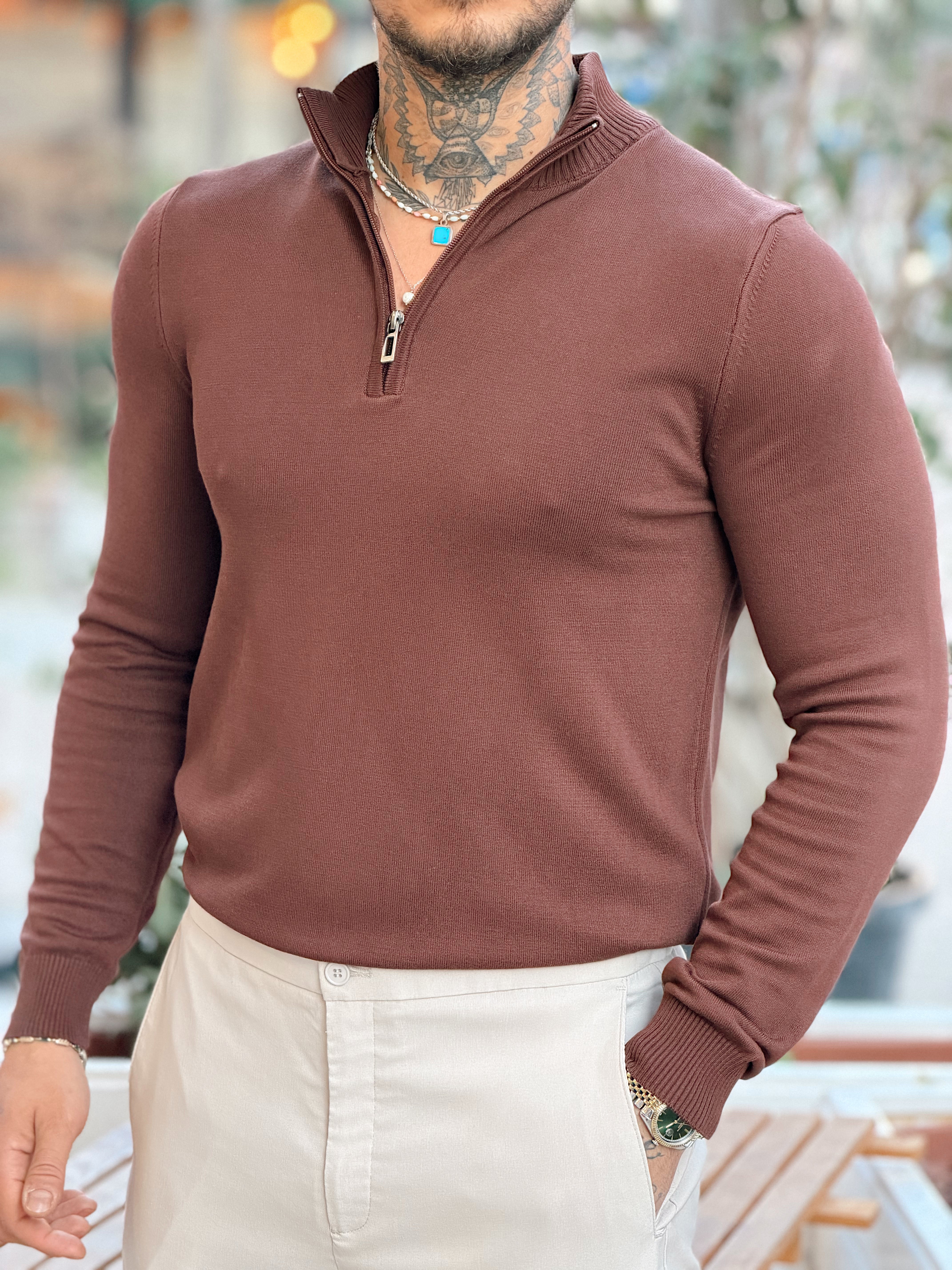 MS4132 - Balıkçı Yaka Fermuarlı Sweatshirt kahve