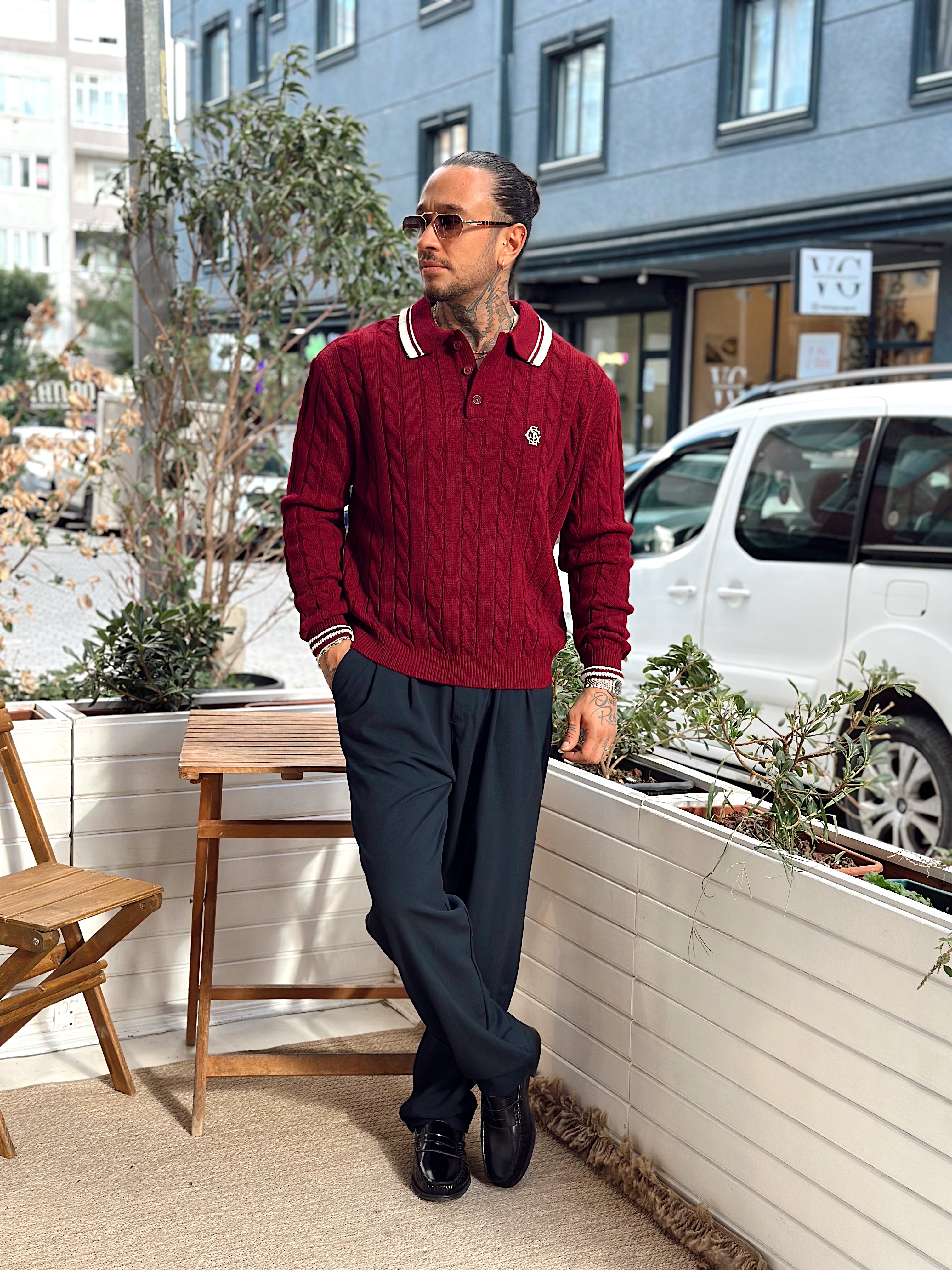 MS4028 - Saç Örgü Şerit Detaylı Örme Polo Yaka Sweatshirt Bordo