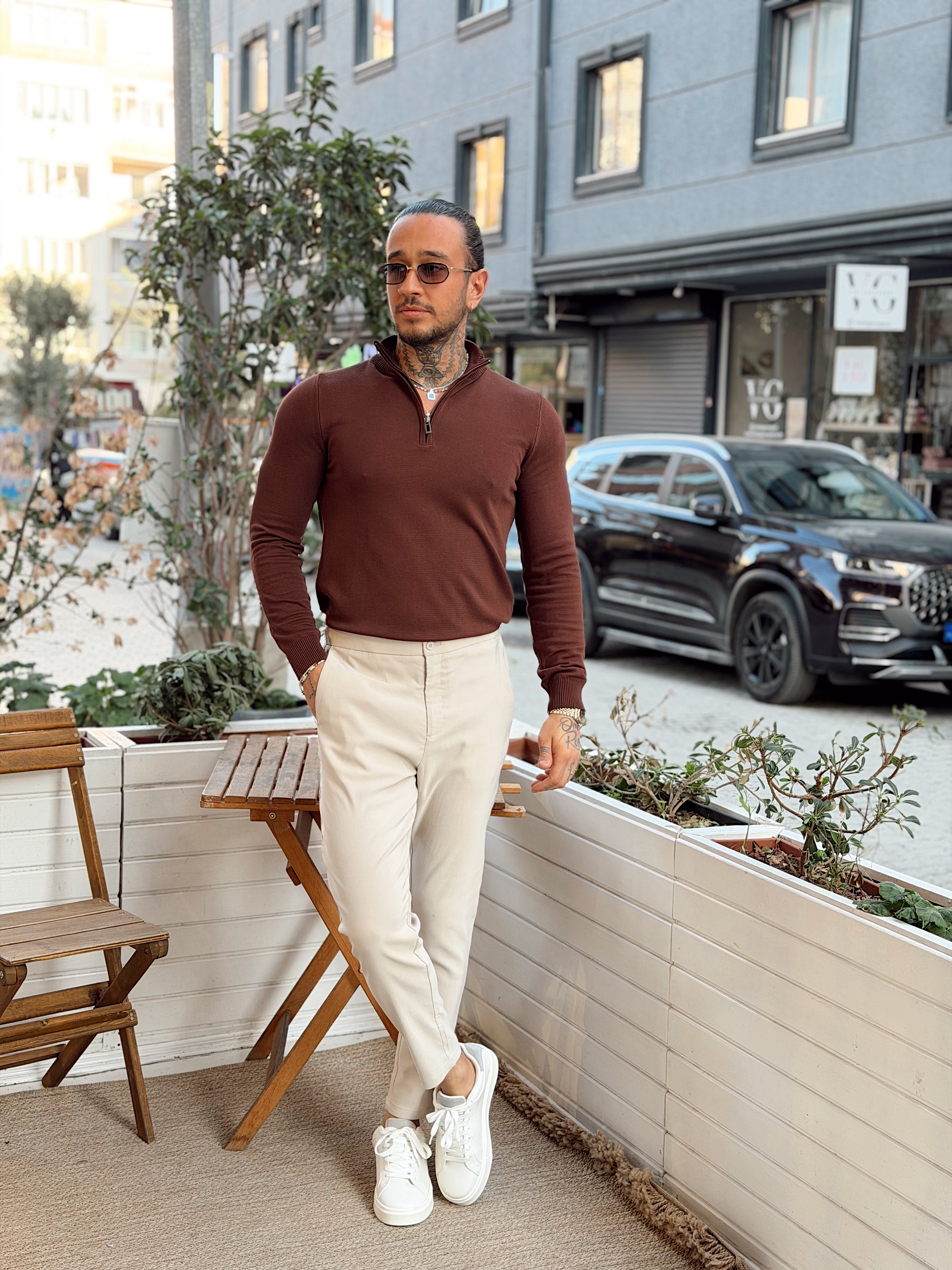 MS4132 - Balıkçı Yaka Fermuarlı Sweatshirt kahve