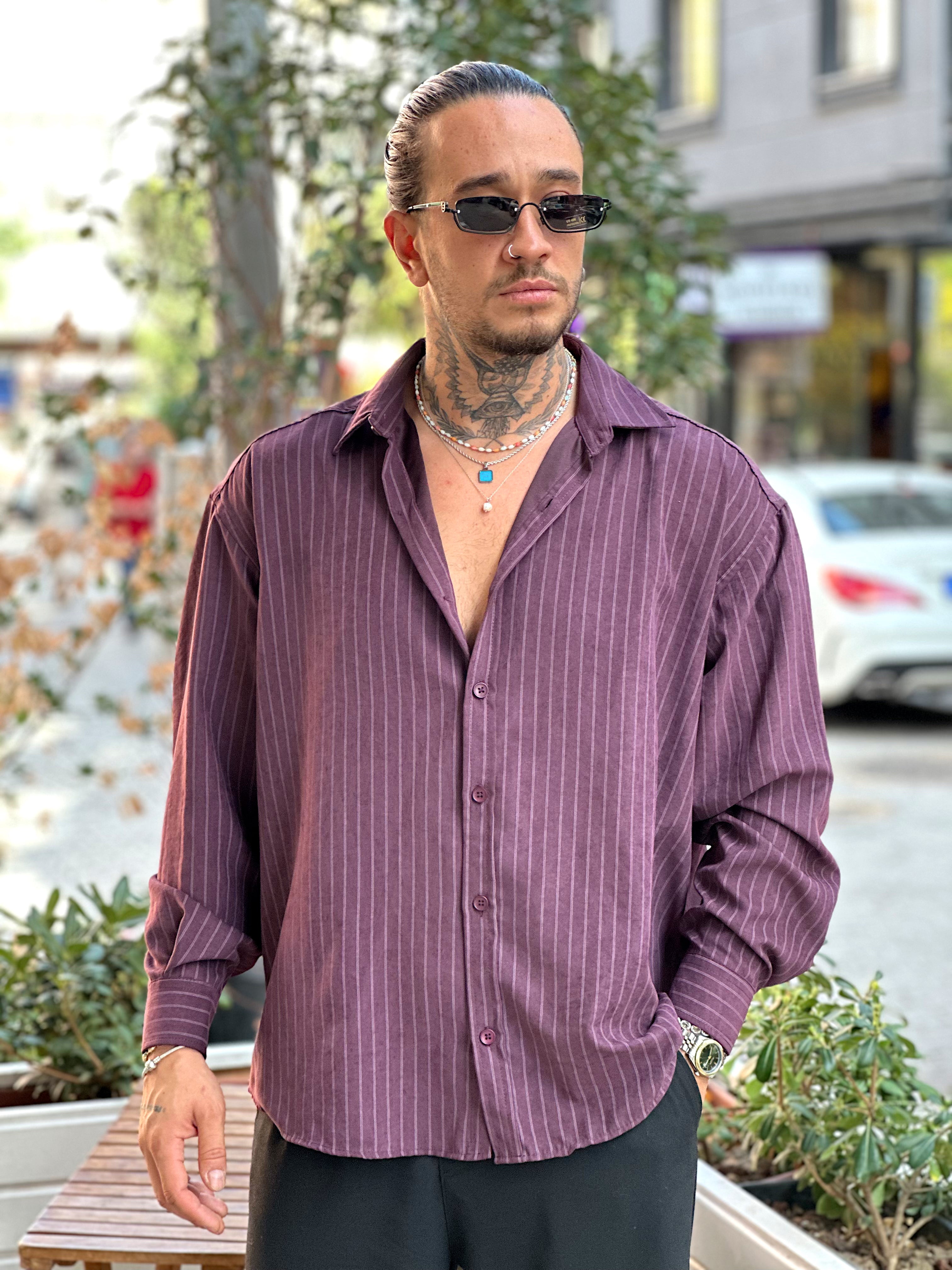 MG4009 - Oversize Çizgili Modal Gömlek Bordo