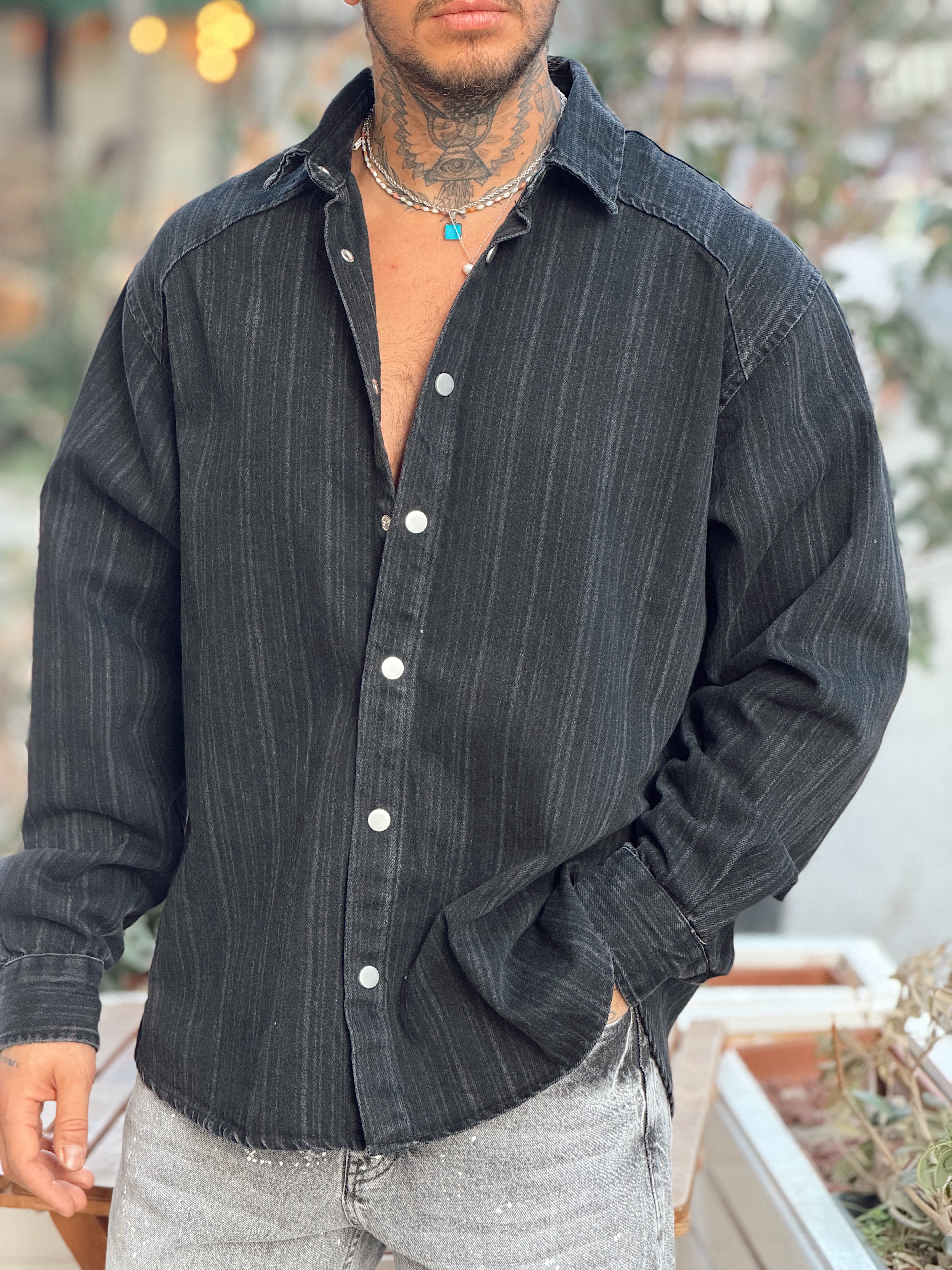 MG4130 - Eskitmeli Oversize Kot Gömlek siyah