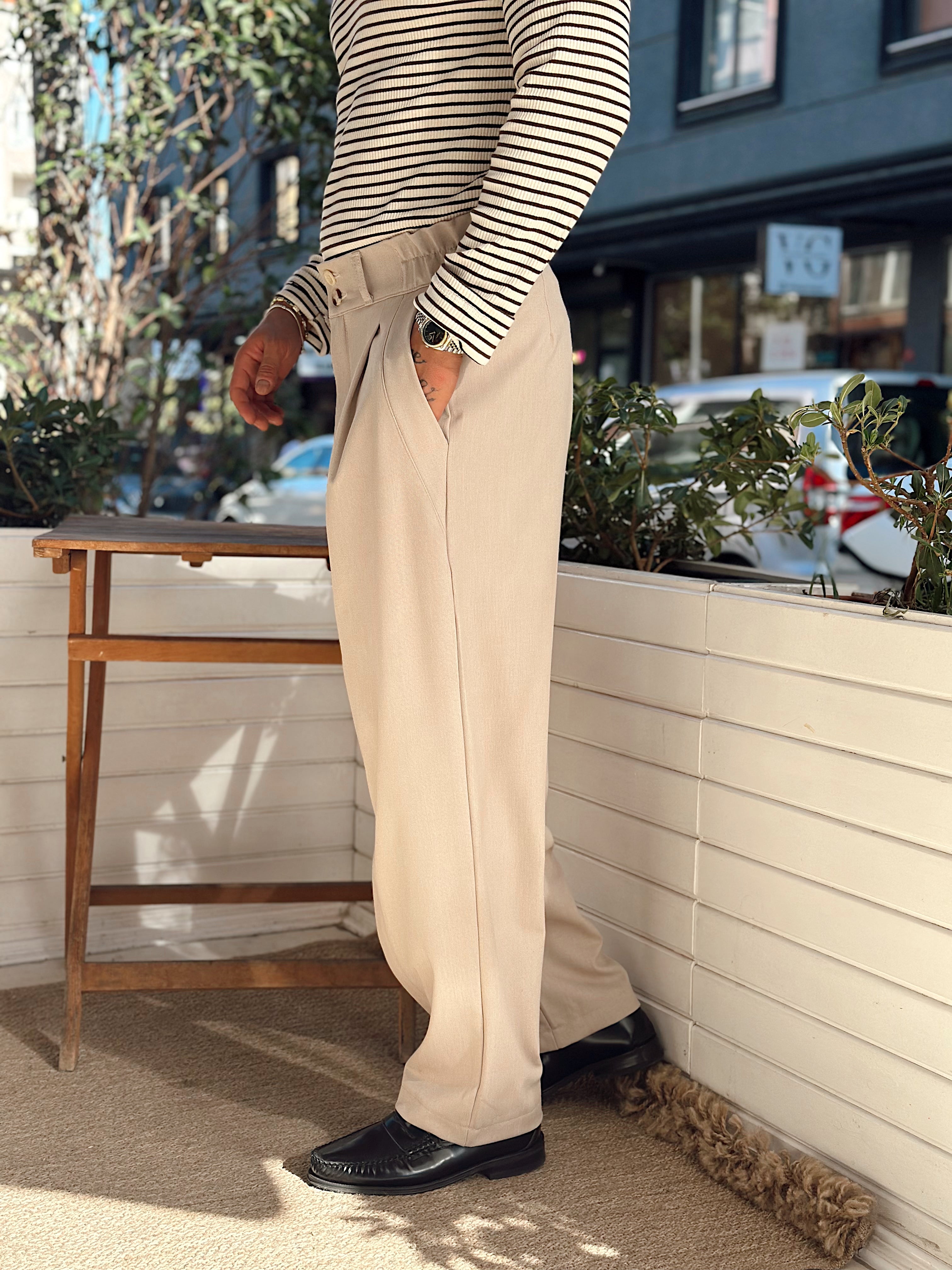 MP4040 - Çift Düğmeli Full Patlı Baggy Pantolon krem