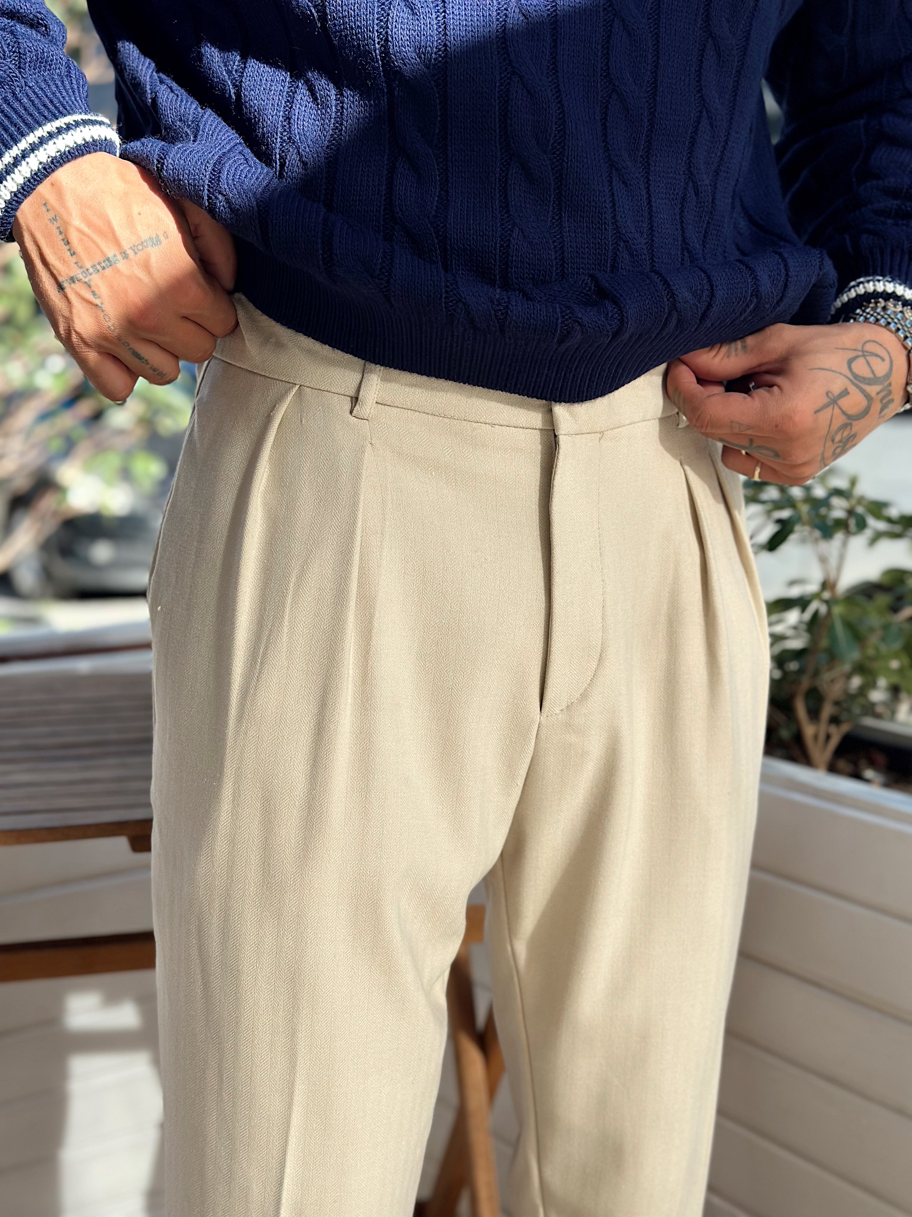 MP4014 - Kendinden Desenli İtalyan Kesim Kumaş Pantolon krem