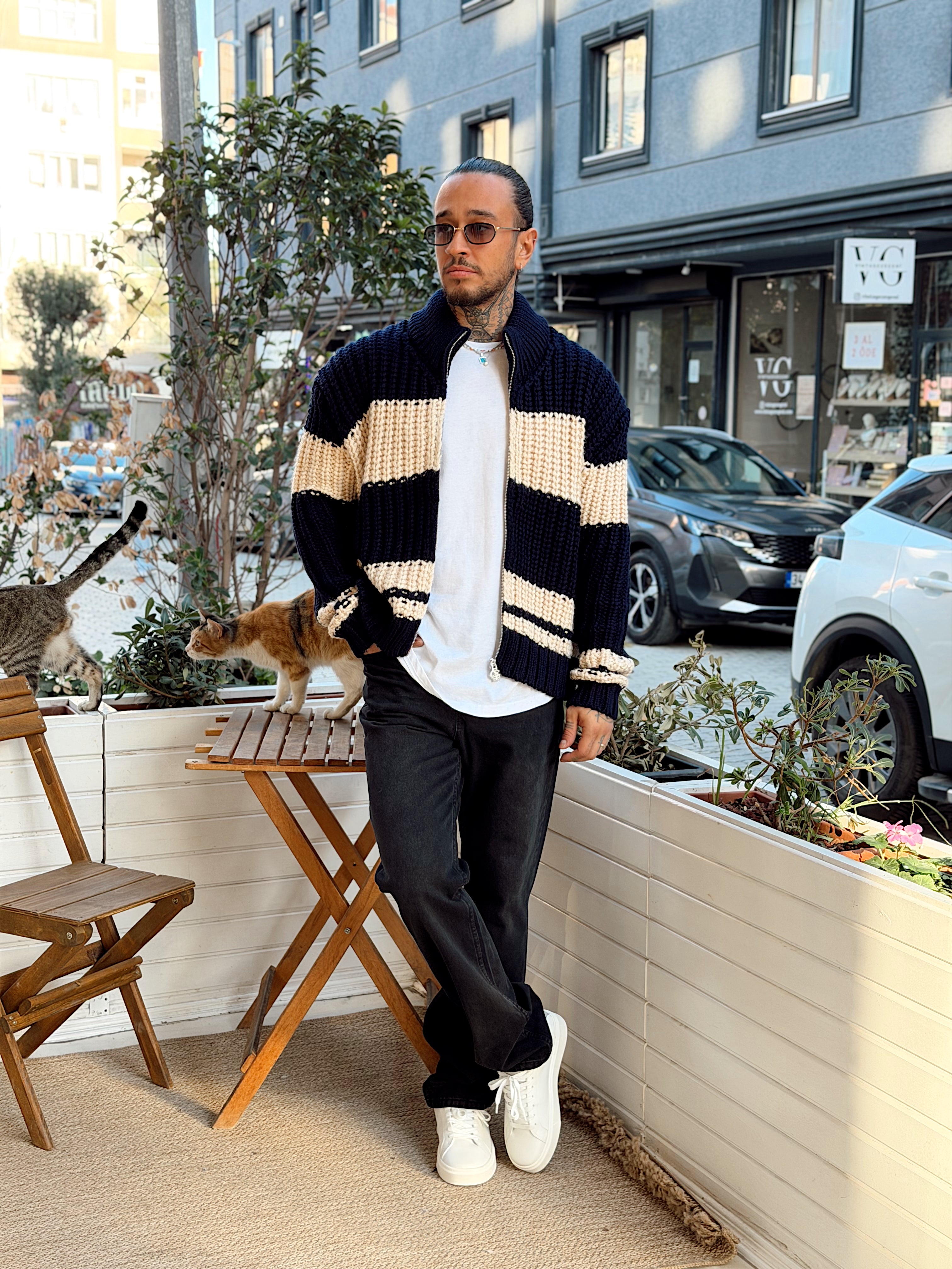 MS4092 - Çift Renk Çelik Örme Fermuarlı Hırka Laci