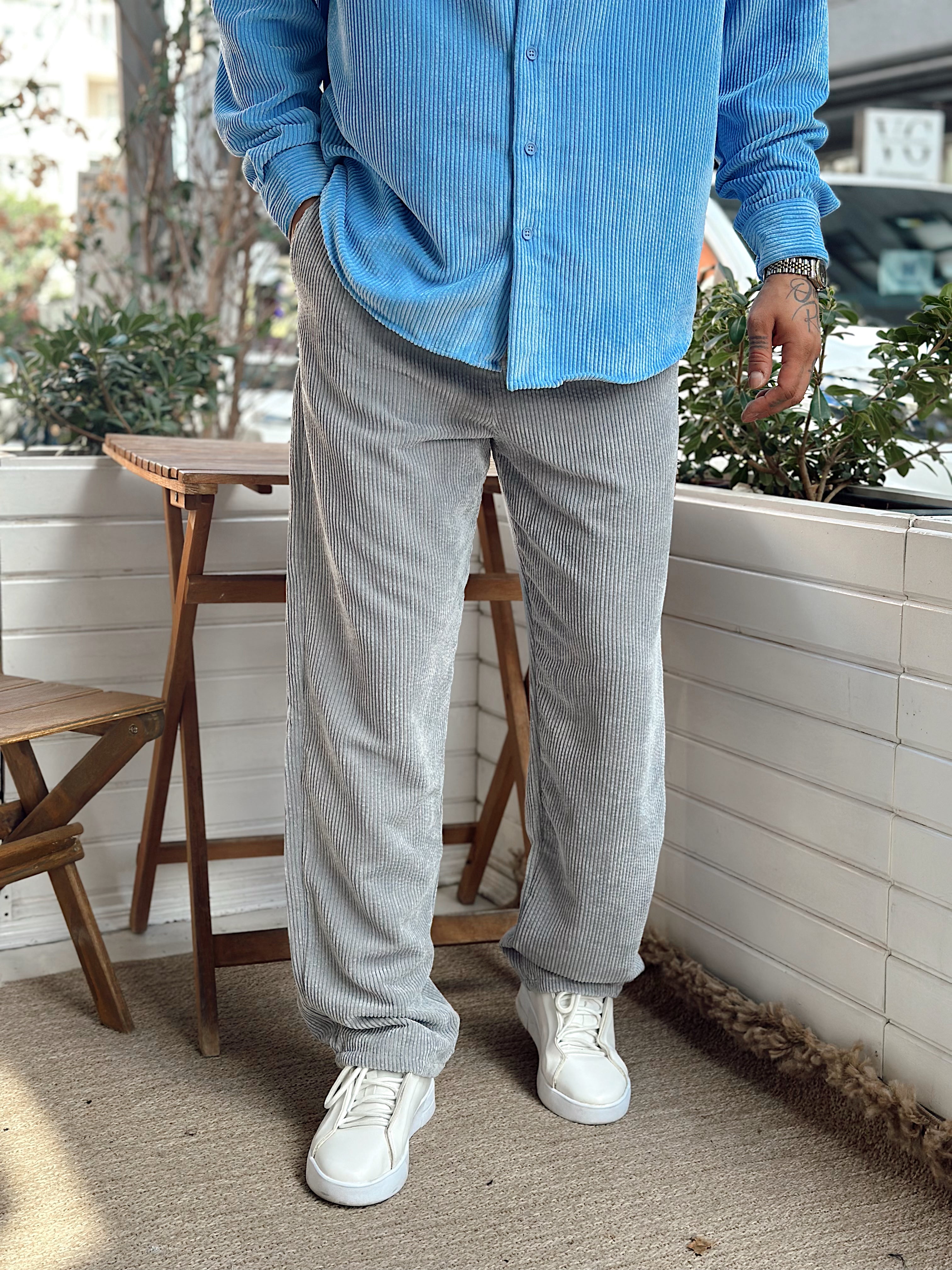 MP4032 - Pileli Baggy Kadife Pantolon gri