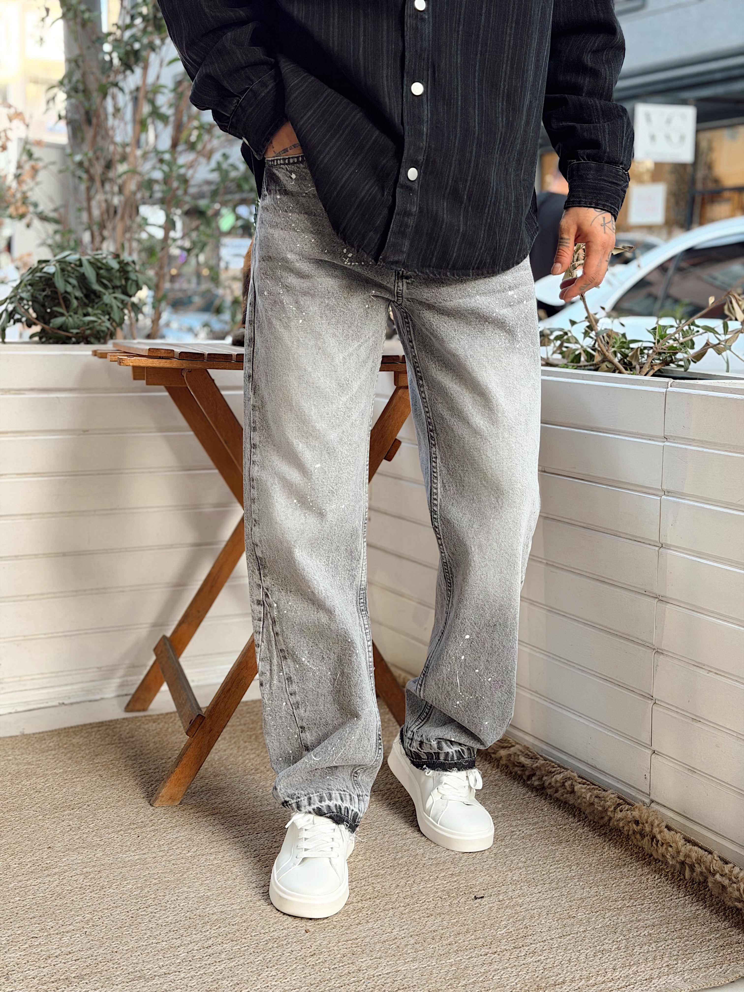 MP4128 - Paça Detaylı Sıçratmalı Regular Pantolon gri 3261