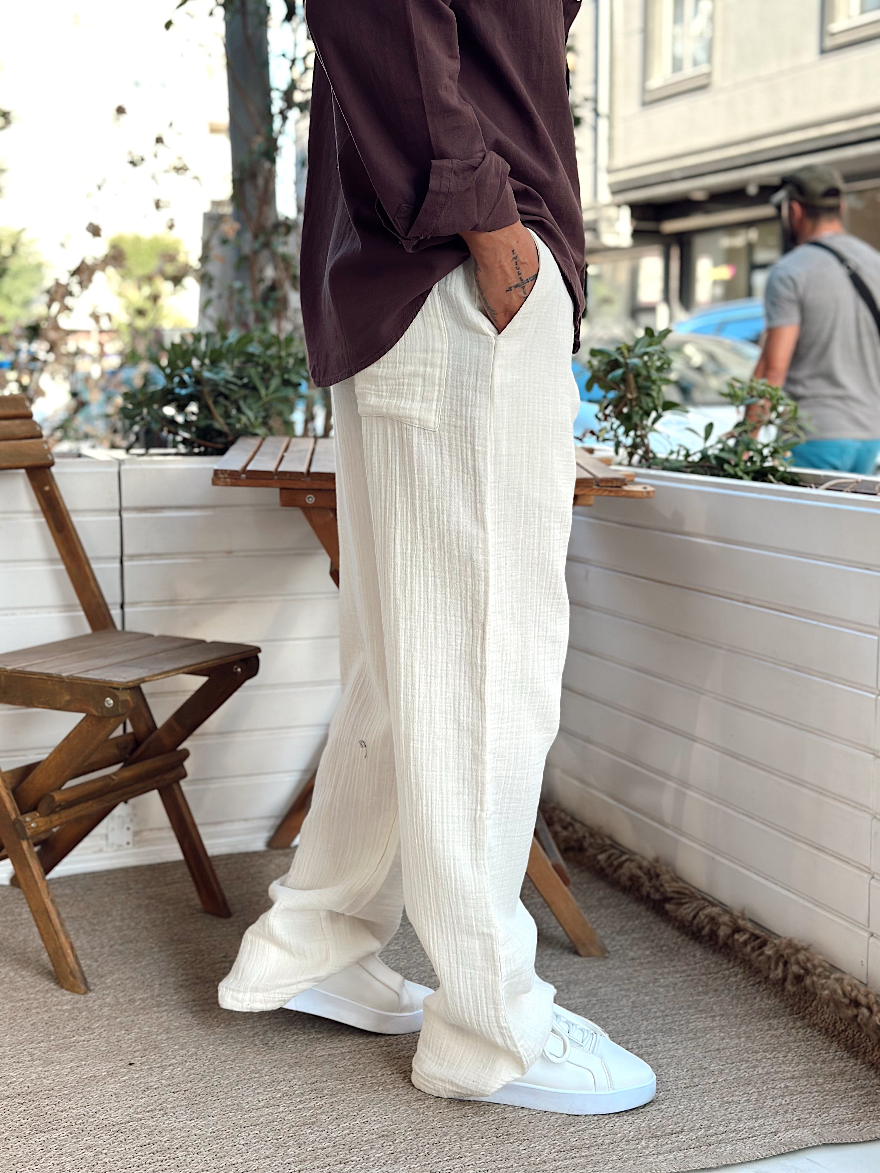 MP3217 - Müslin Kumaş Baggy Pantolon krem