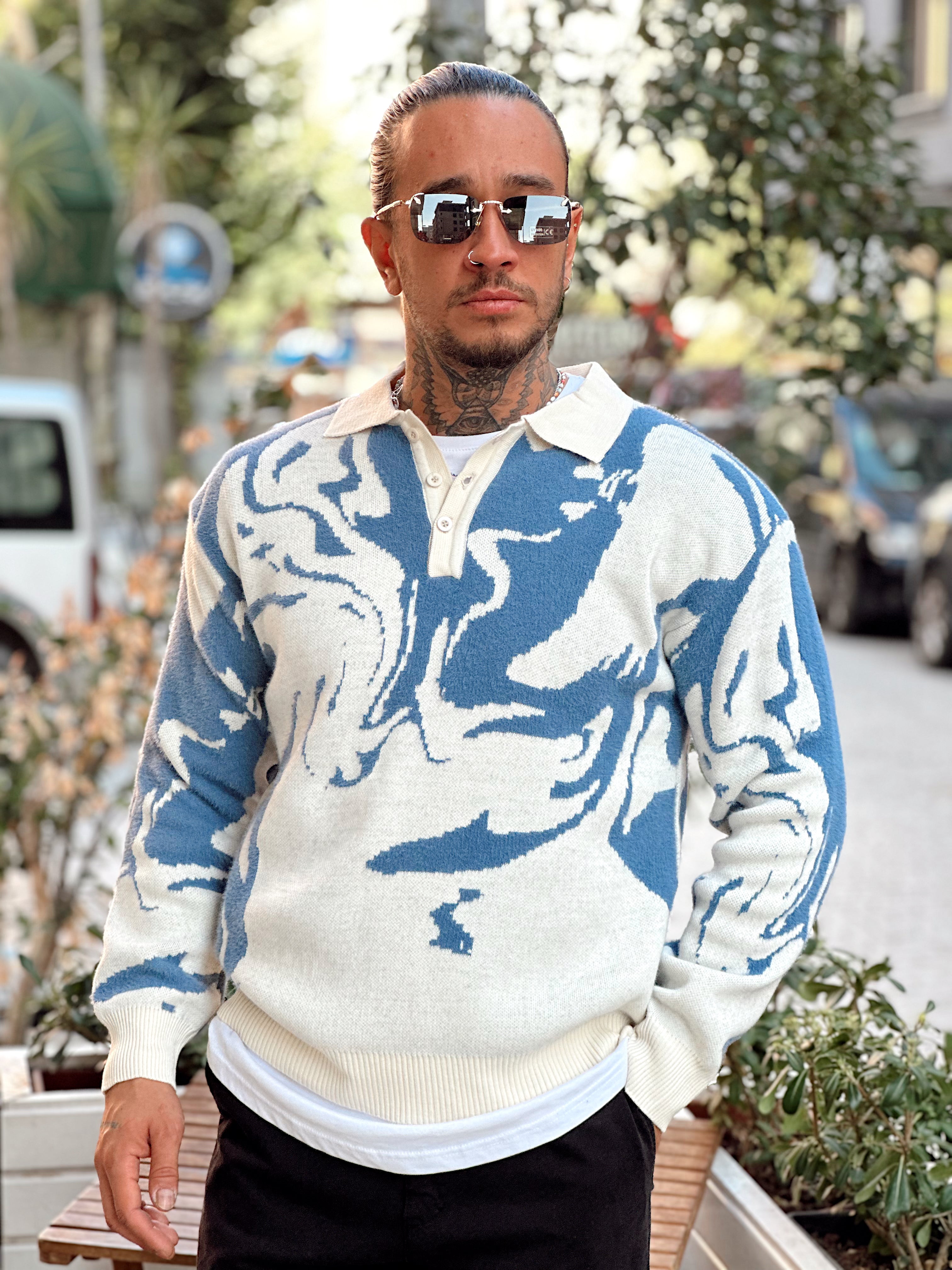 MS4054 - Karışık Desenli Triko Polo Yaka Sweatshirt Mavi