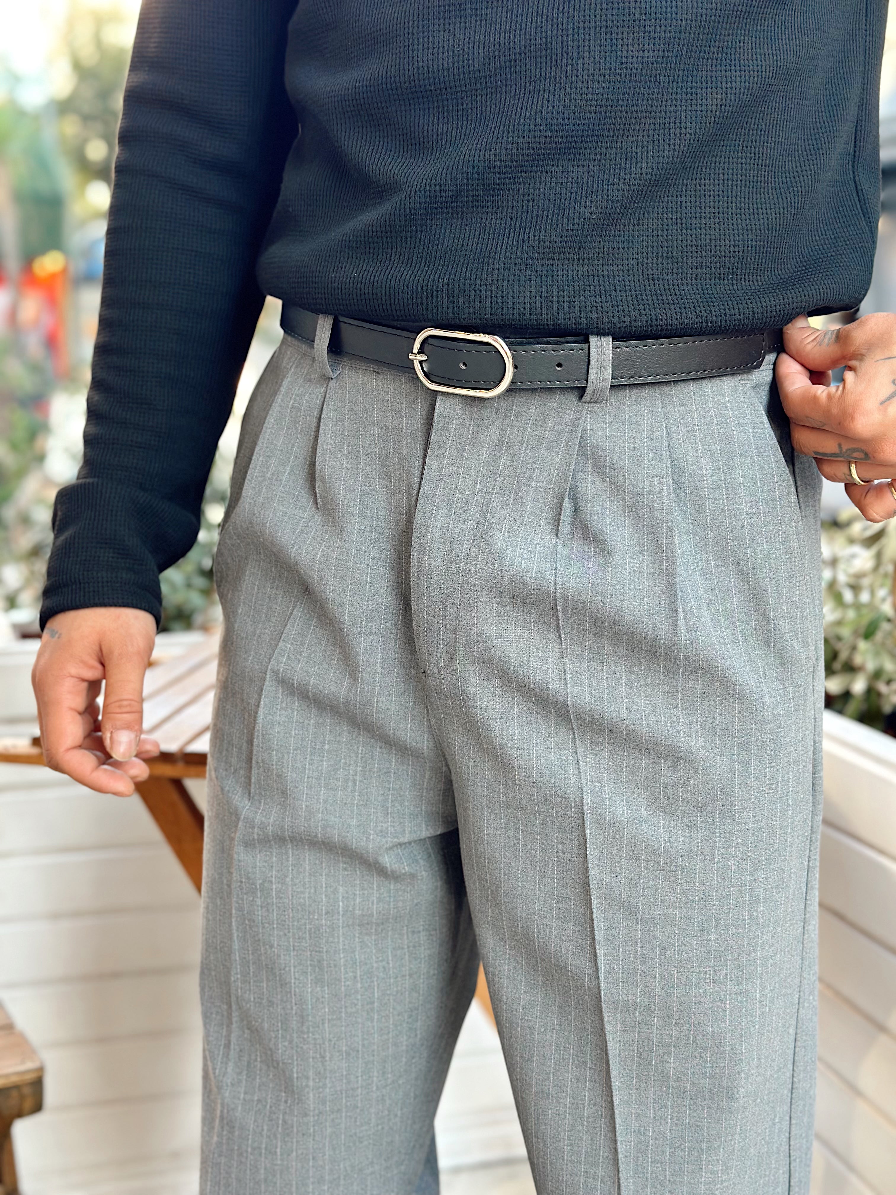 MP4098 - Giesto Çift Pileli Çizgili Baggy Kumaş Pantolon gri