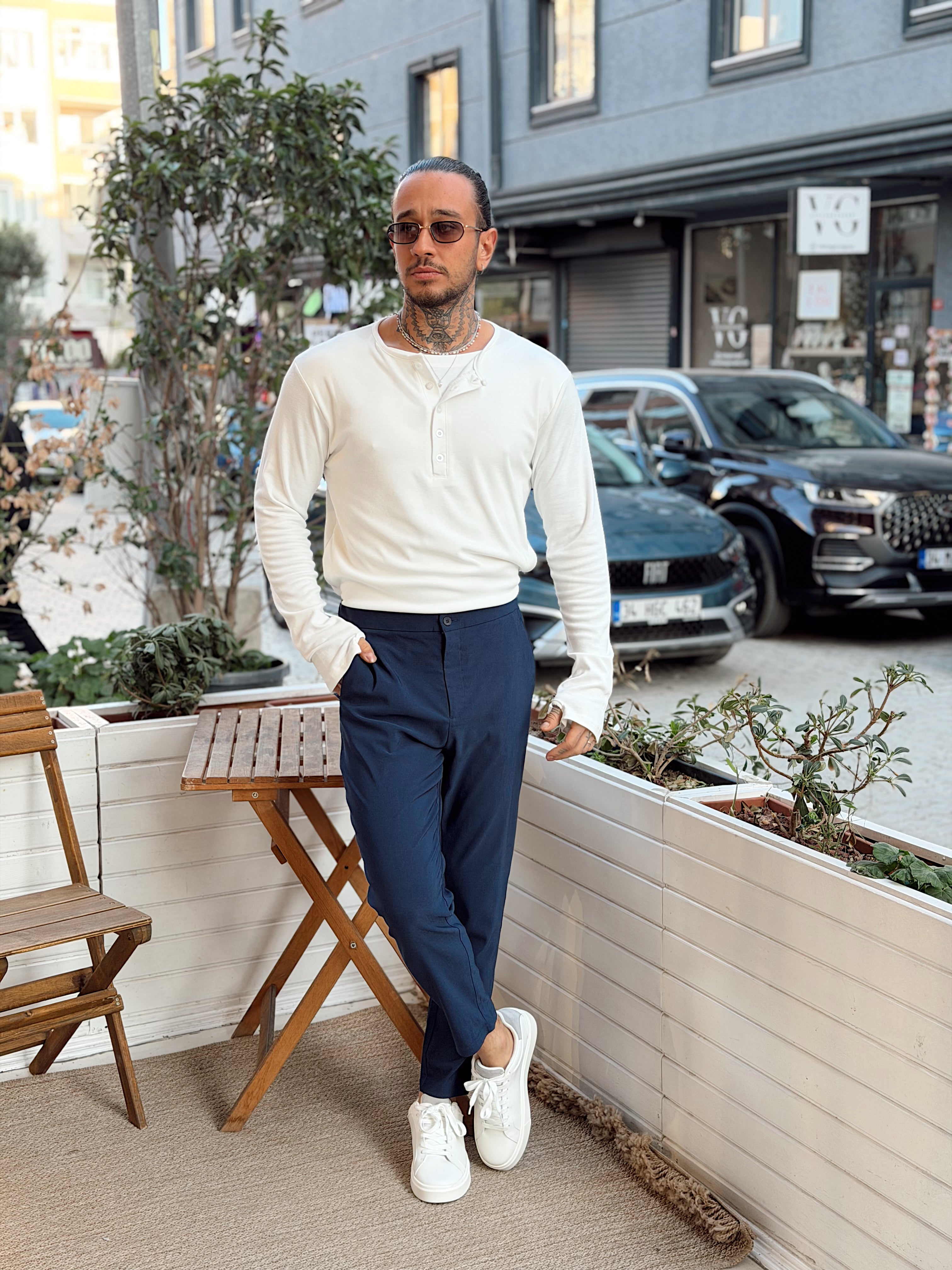 MS4134 - Çift Katmanlı Yakası Düğmeli Sweatshirt beyaz