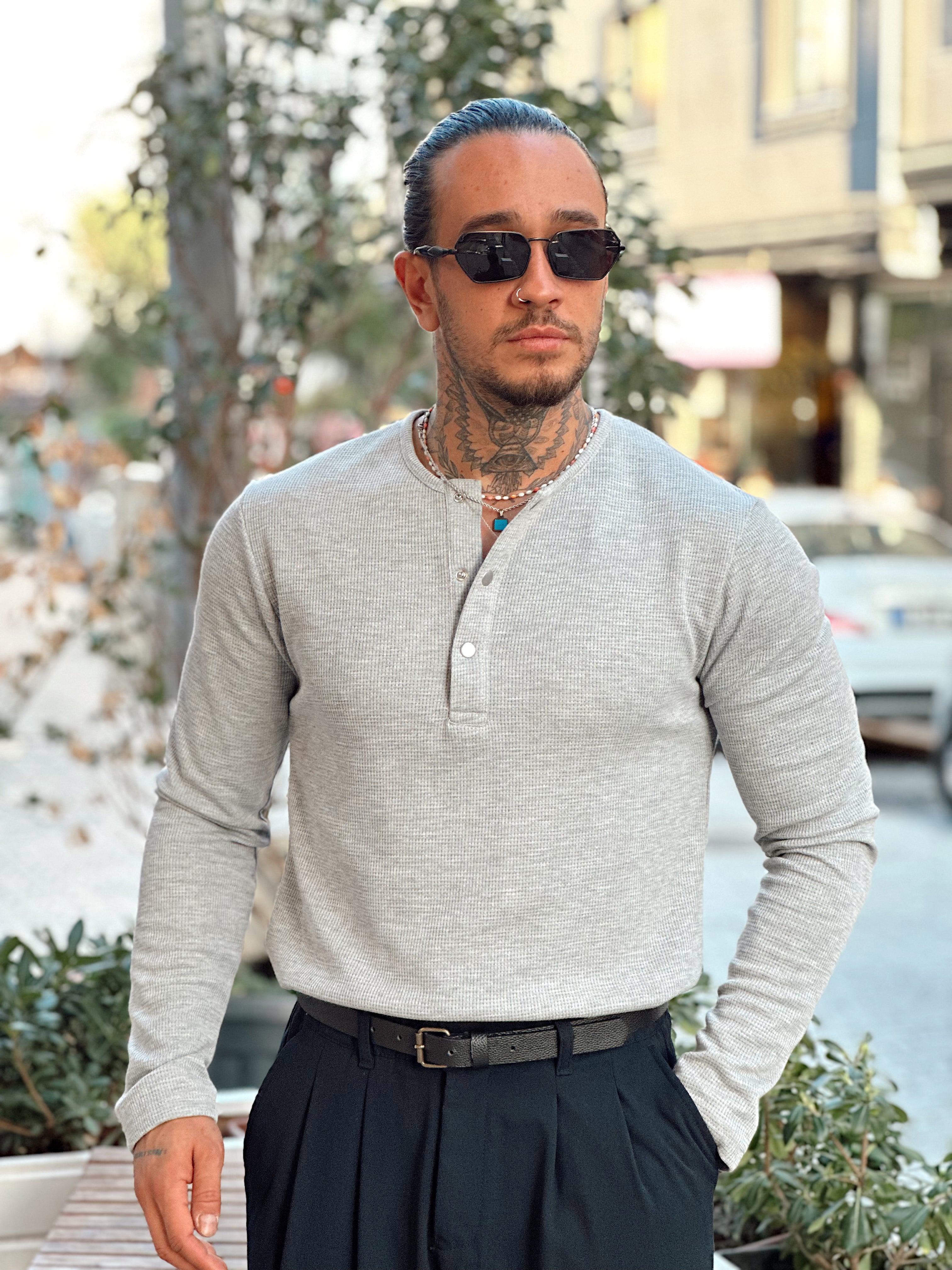 MS4043 - Basic Yaka ÇıtÇıtlı Waffle Kumaş Sweatshirt Gri