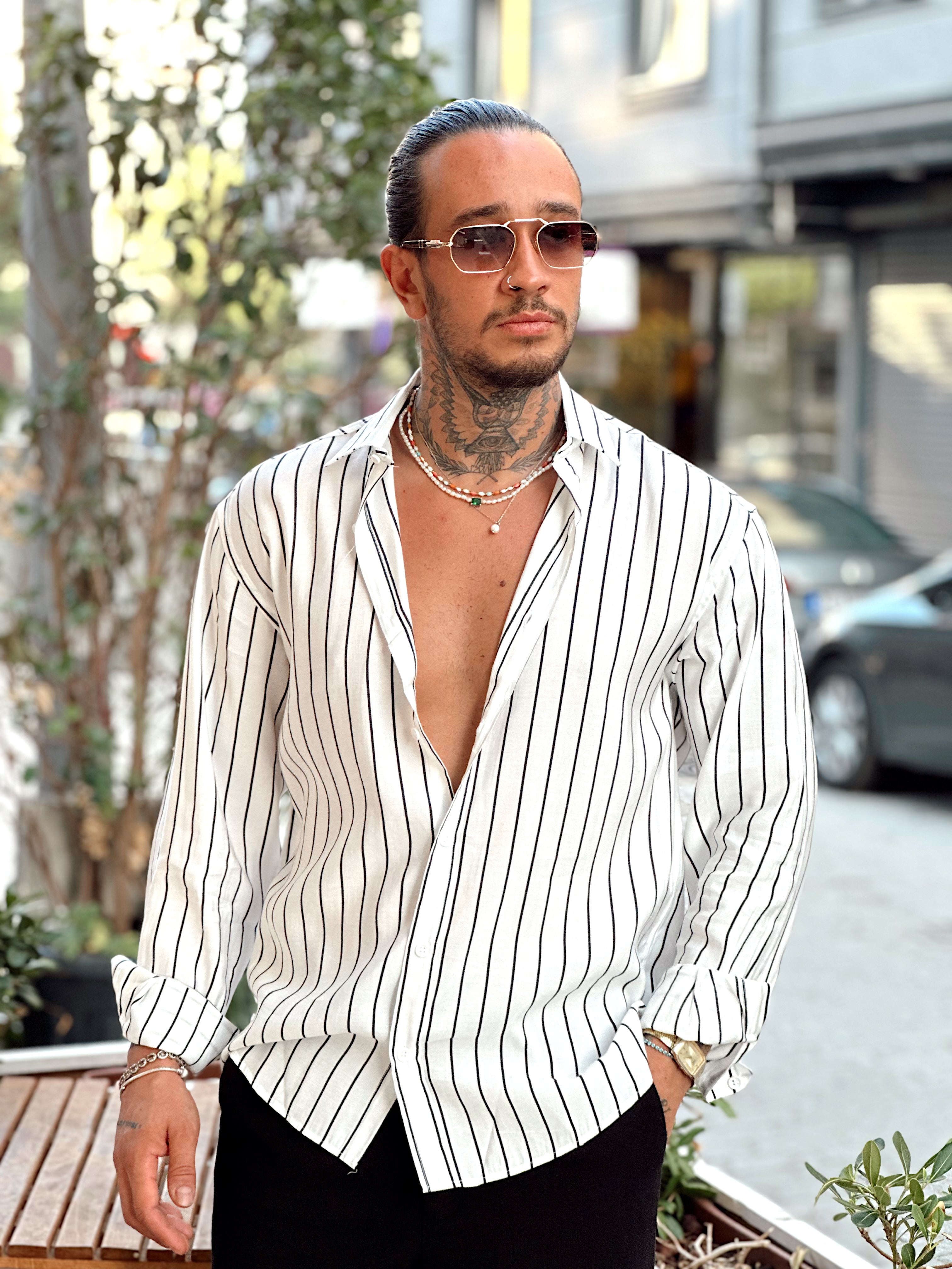 MG3214 - Oversize Çizgili Modal Gömlek beyaz