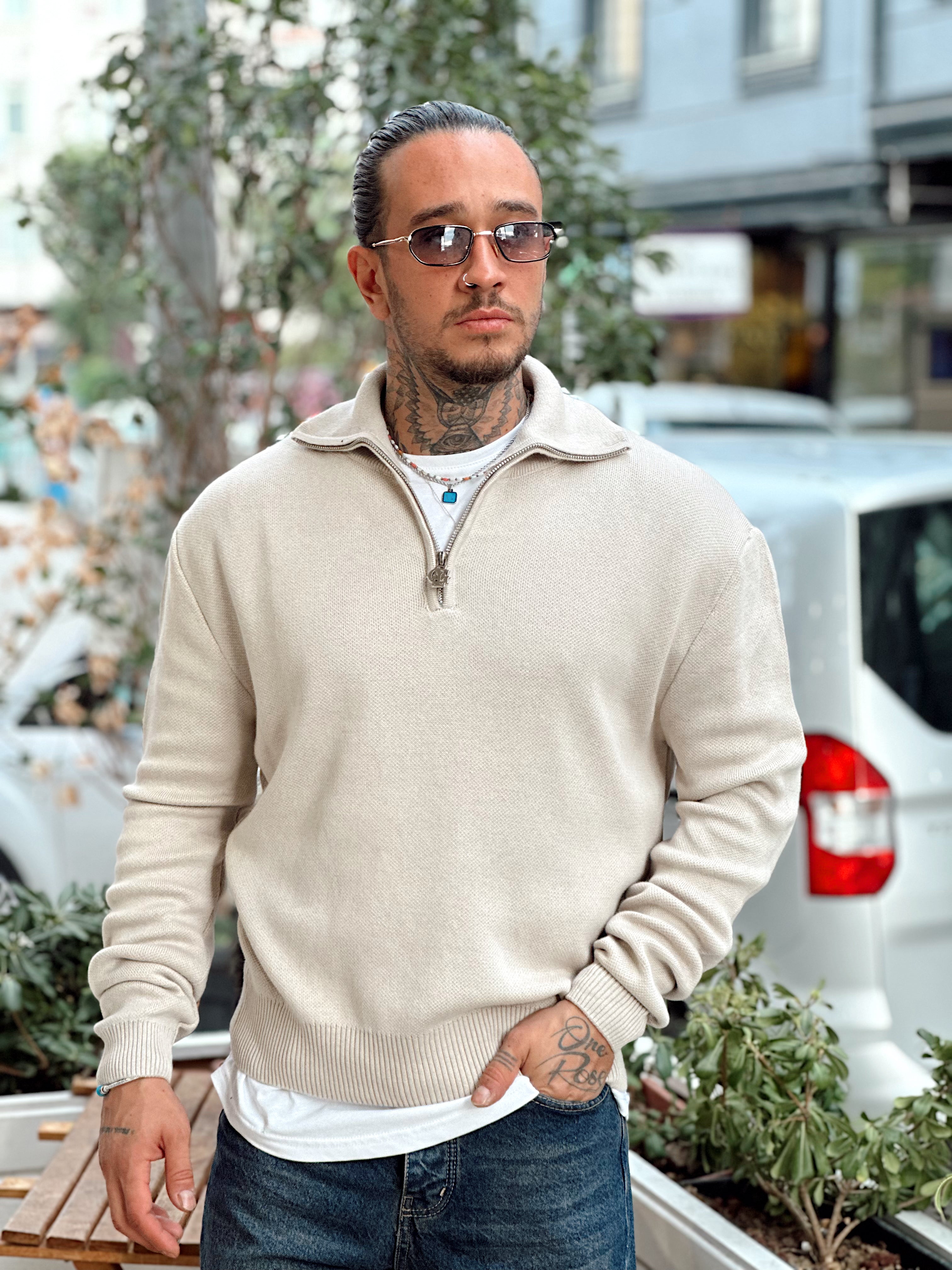 MS4059 - Yakası Fermuarlı Oversize Basic Triko Sweatshirt taş