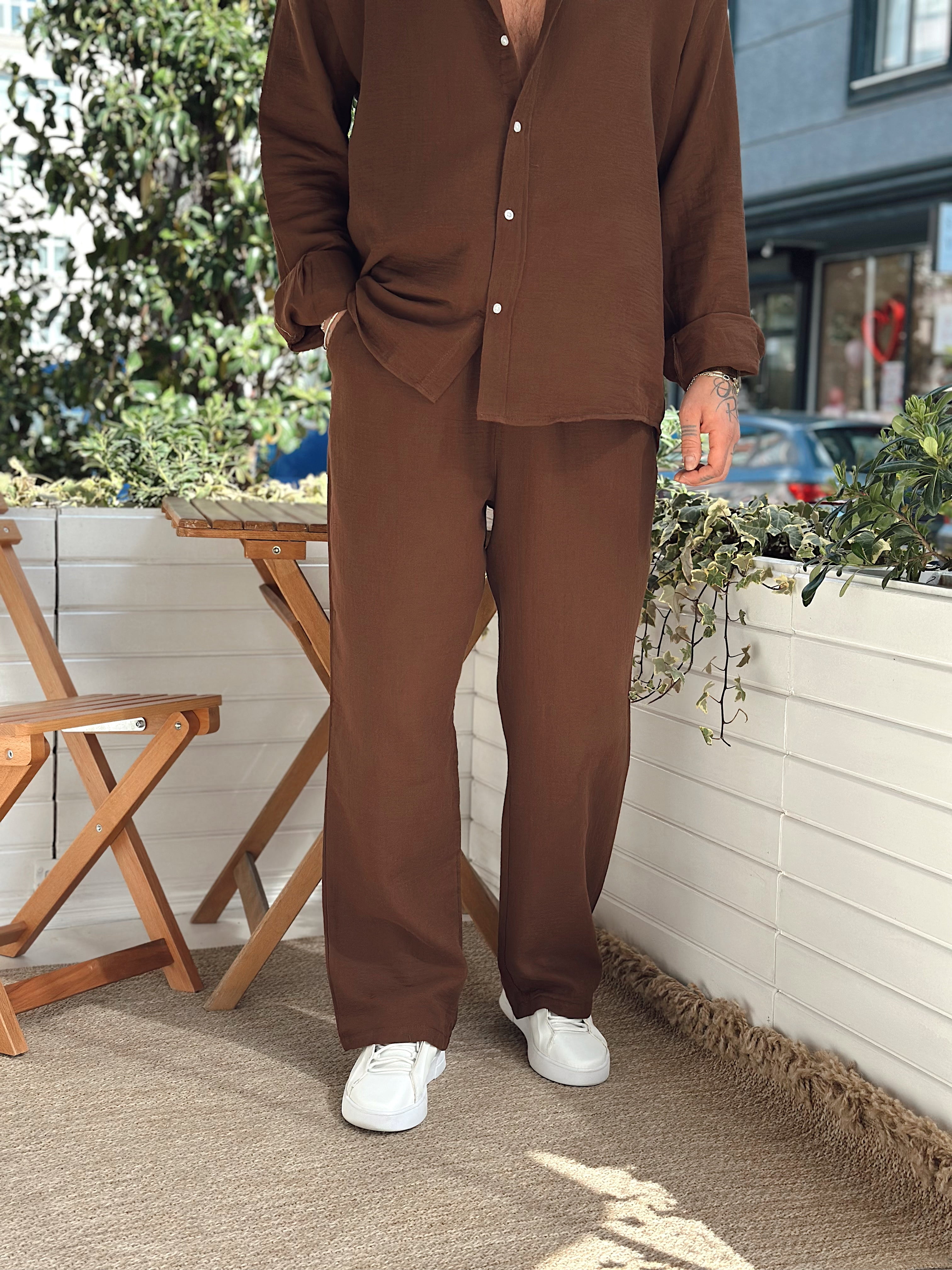 MT2747 - Müslin Kumaş Gömlek-Pantolon Takım kahve