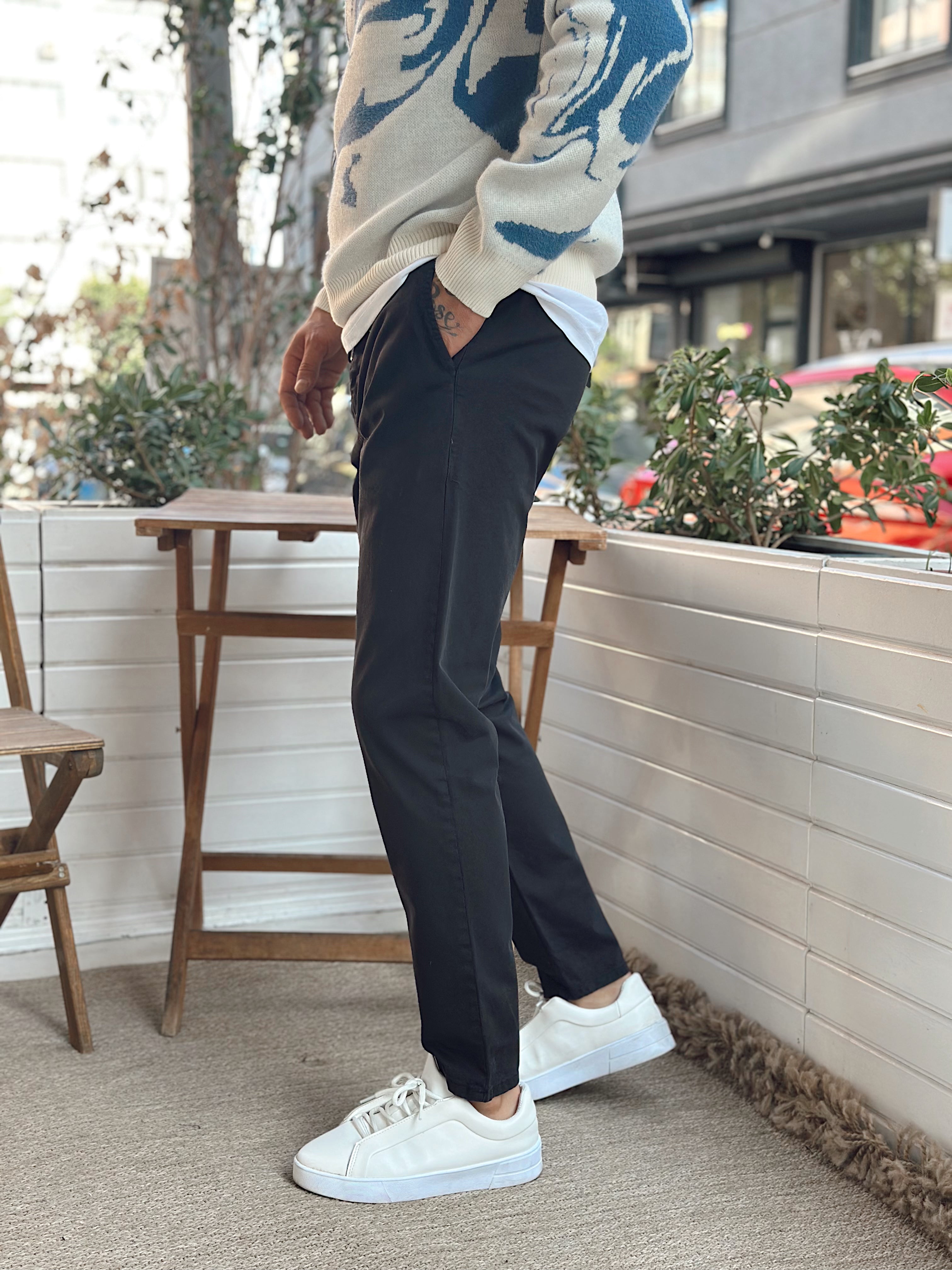 MP4048 - İtalyan Kesim Beli İpli Gabardin Pantolon Siyah