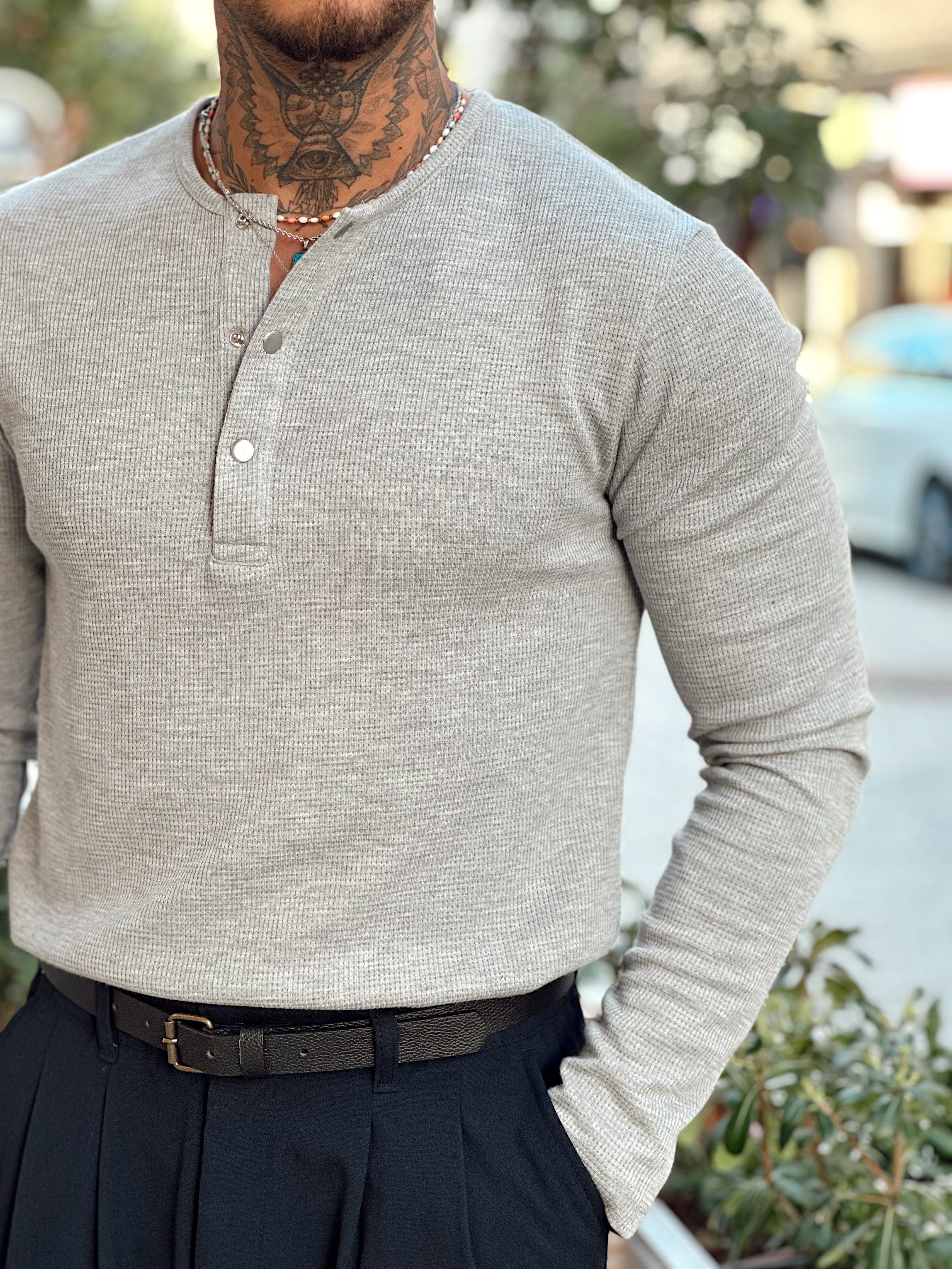 MS4043 - Basic Yaka ÇıtÇıtlı Waffle Kumaş Sweatshirt Gri