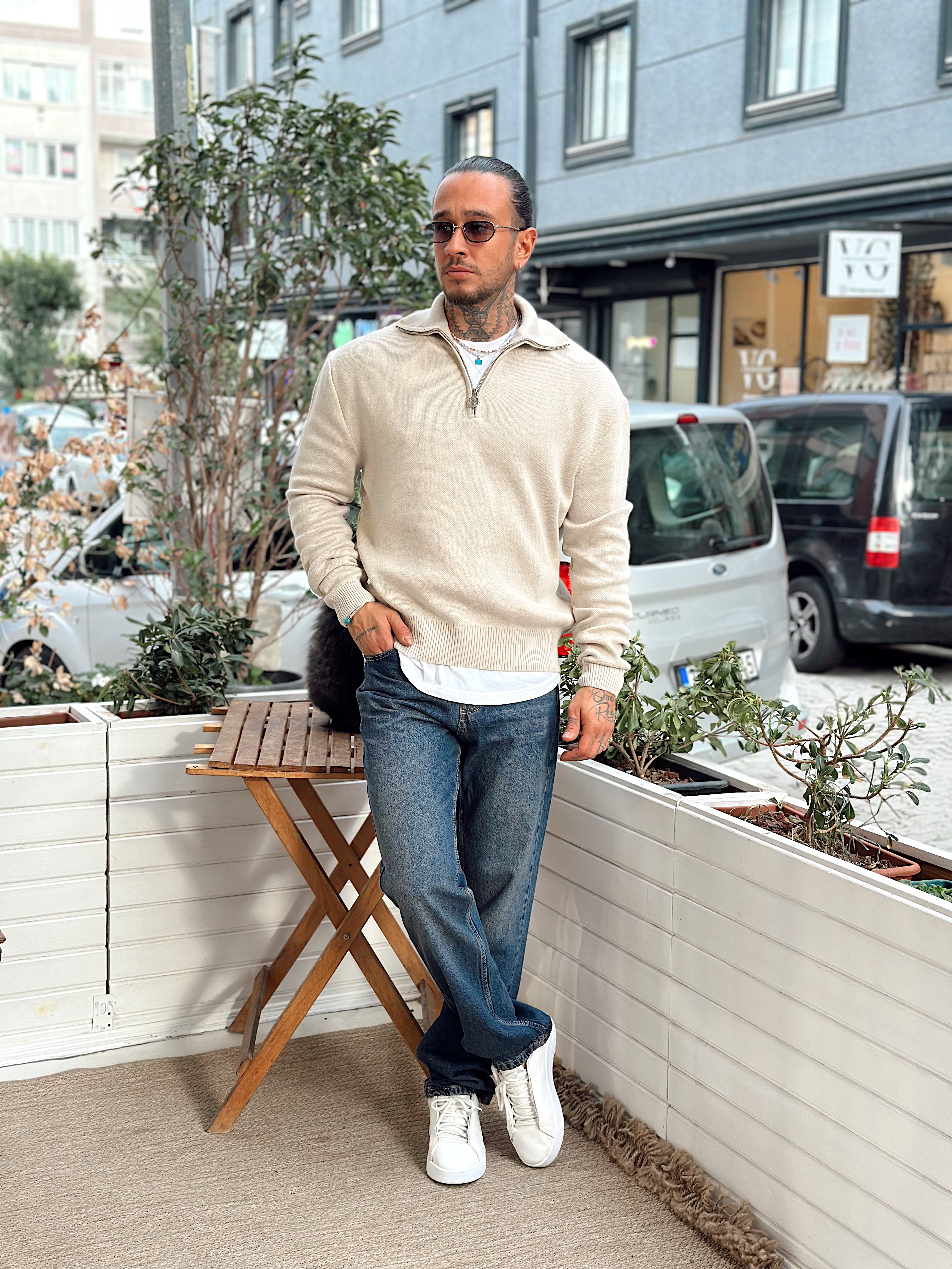 MS4059 - Yakası Fermuarlı Oversize Basic Triko Sweatshirt taş