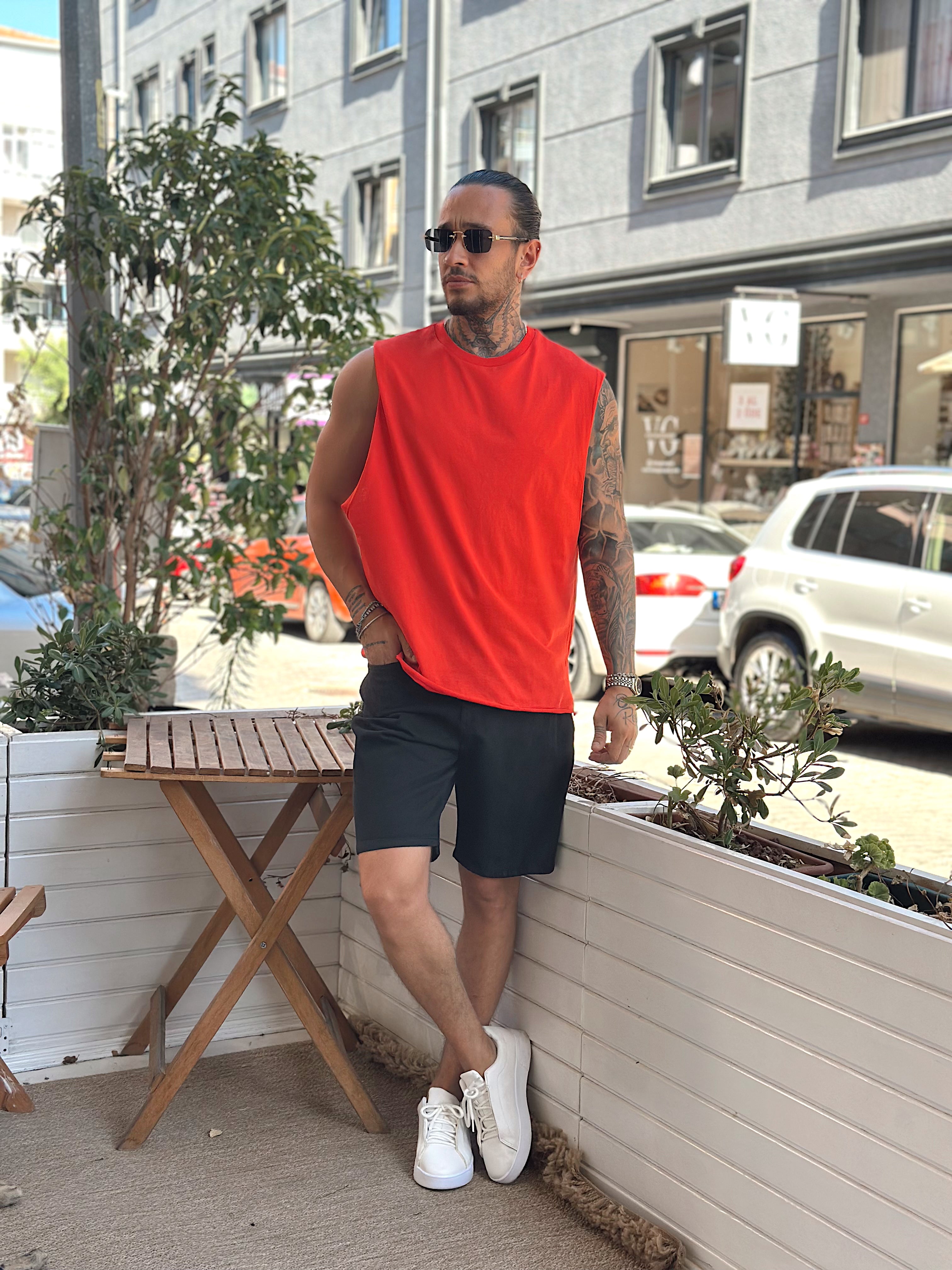 MT3080- Basic Kolsuz Oversize T-Shirt kırmızı