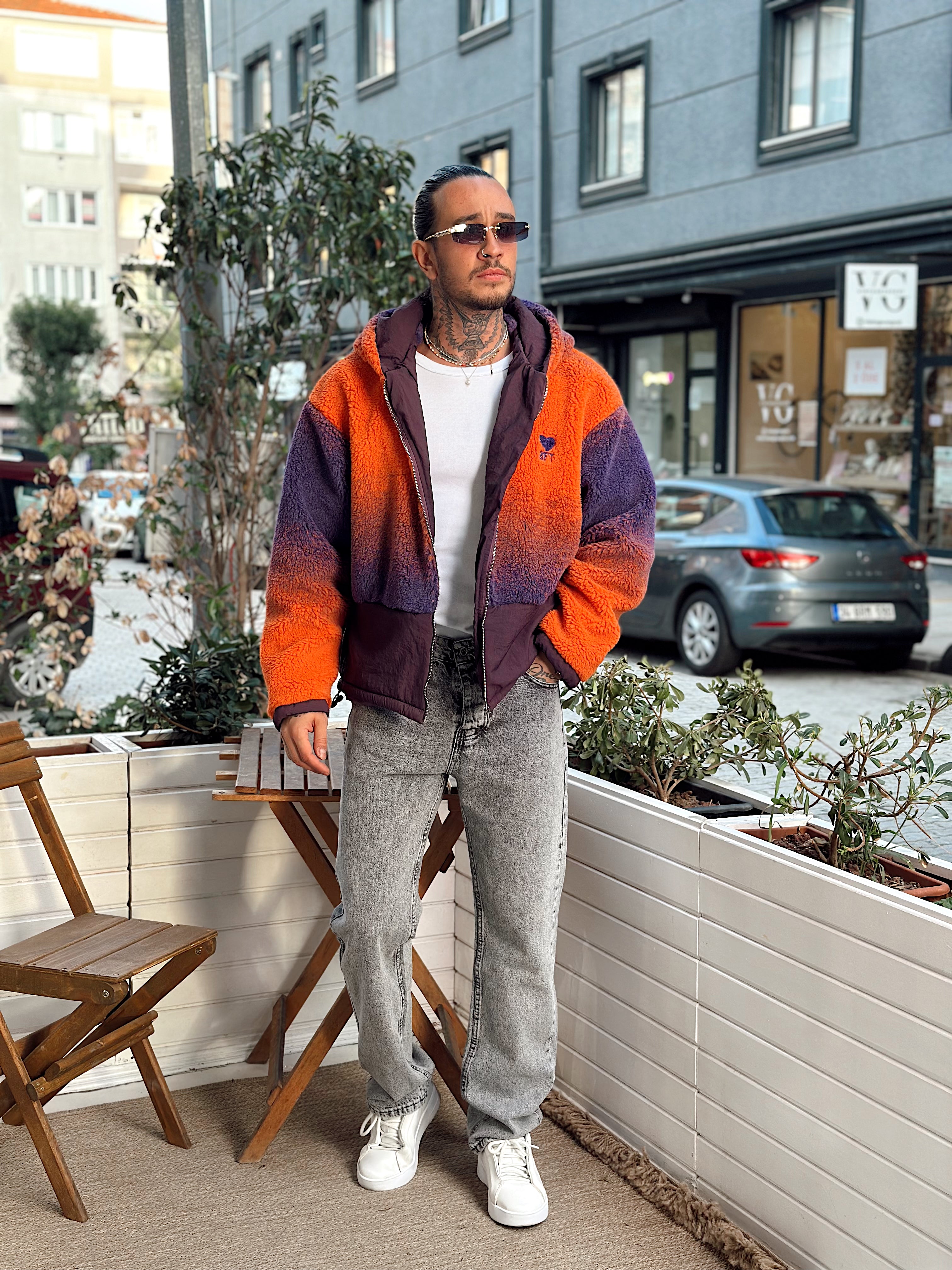 MC4079 - Çift Renk Kapüşonlu Peluş Ceket Renkli