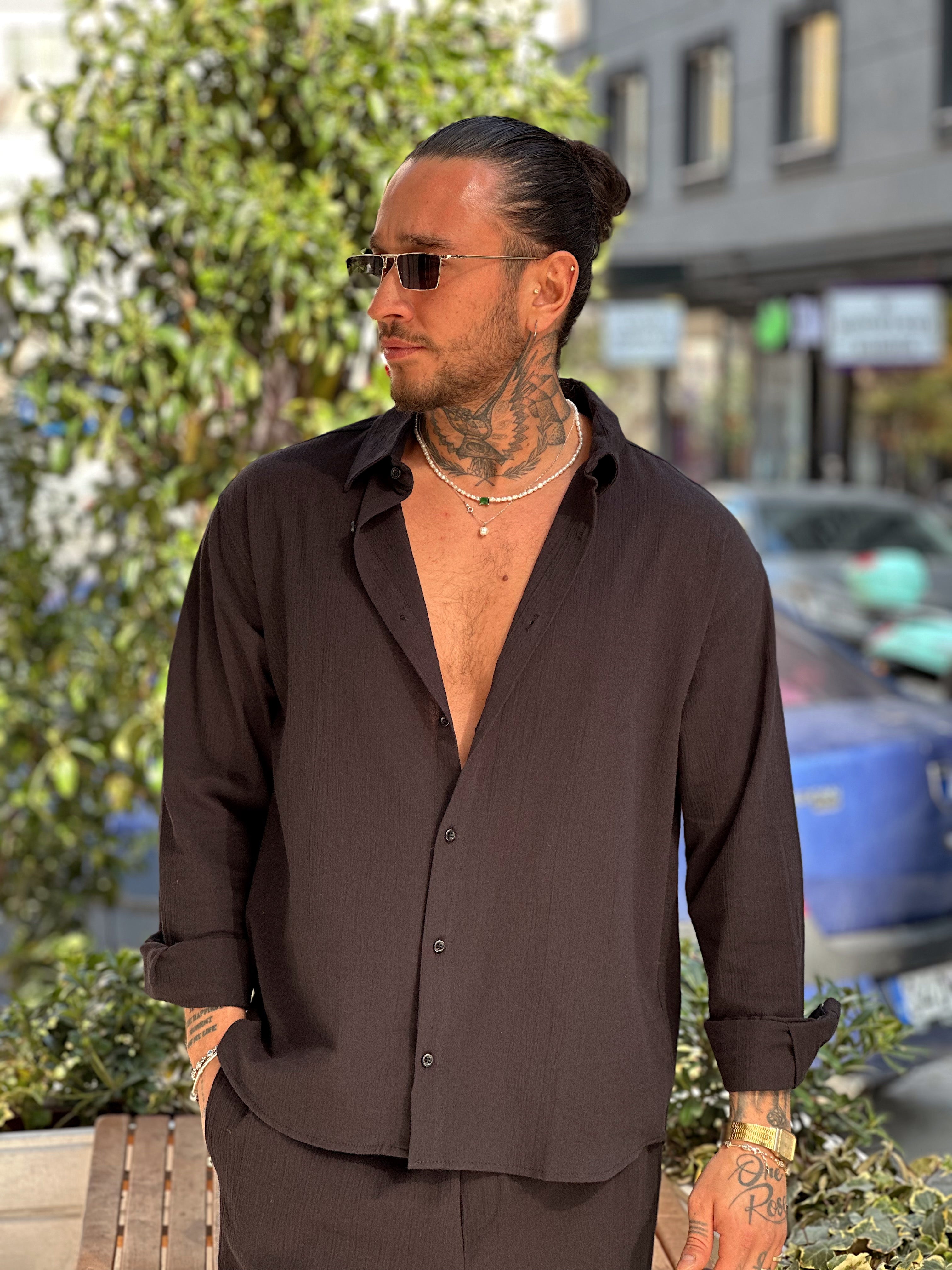 MT2752 - Krinkıl Keten Gömlek-Pantolon Takım siyah