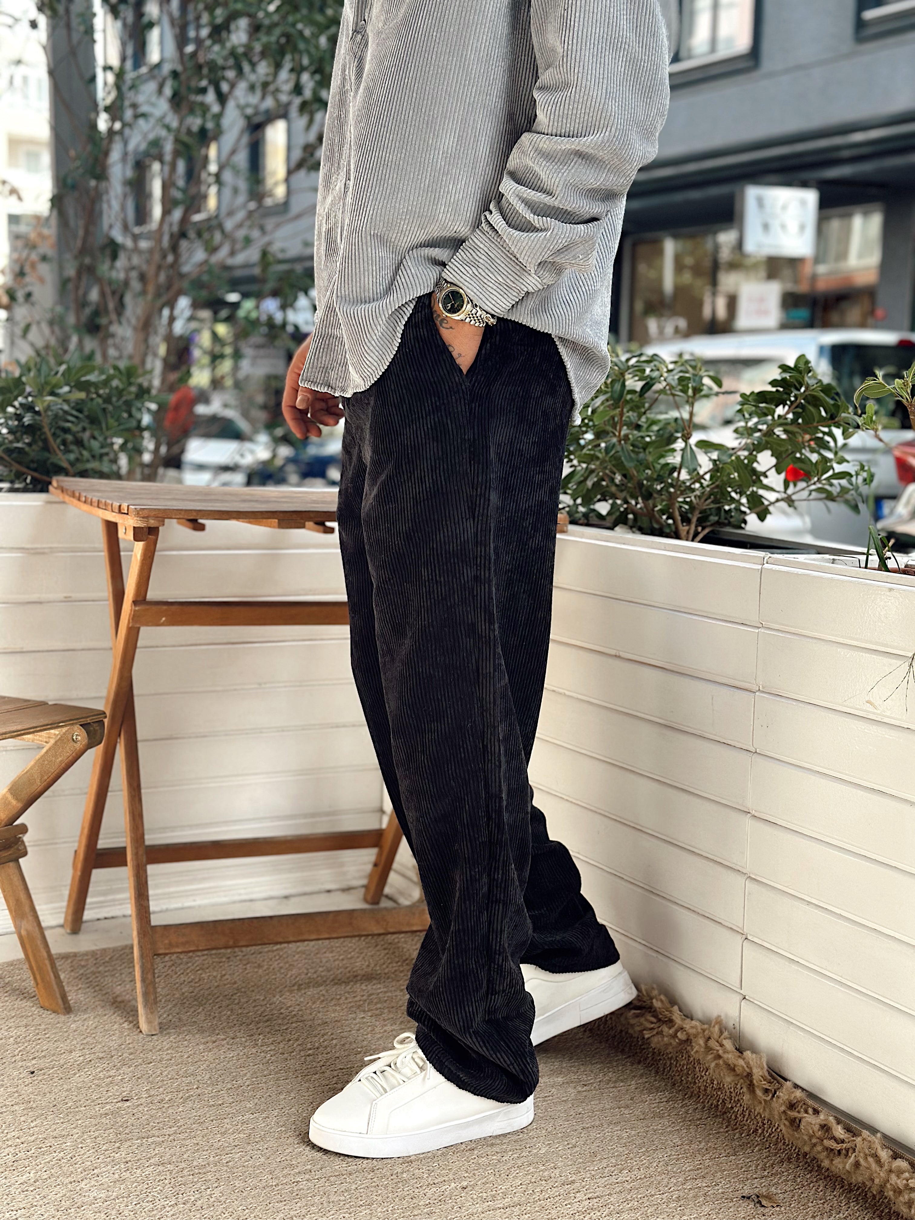 MP4032 - Pileli Baggy Kadife Pantolon Siyah