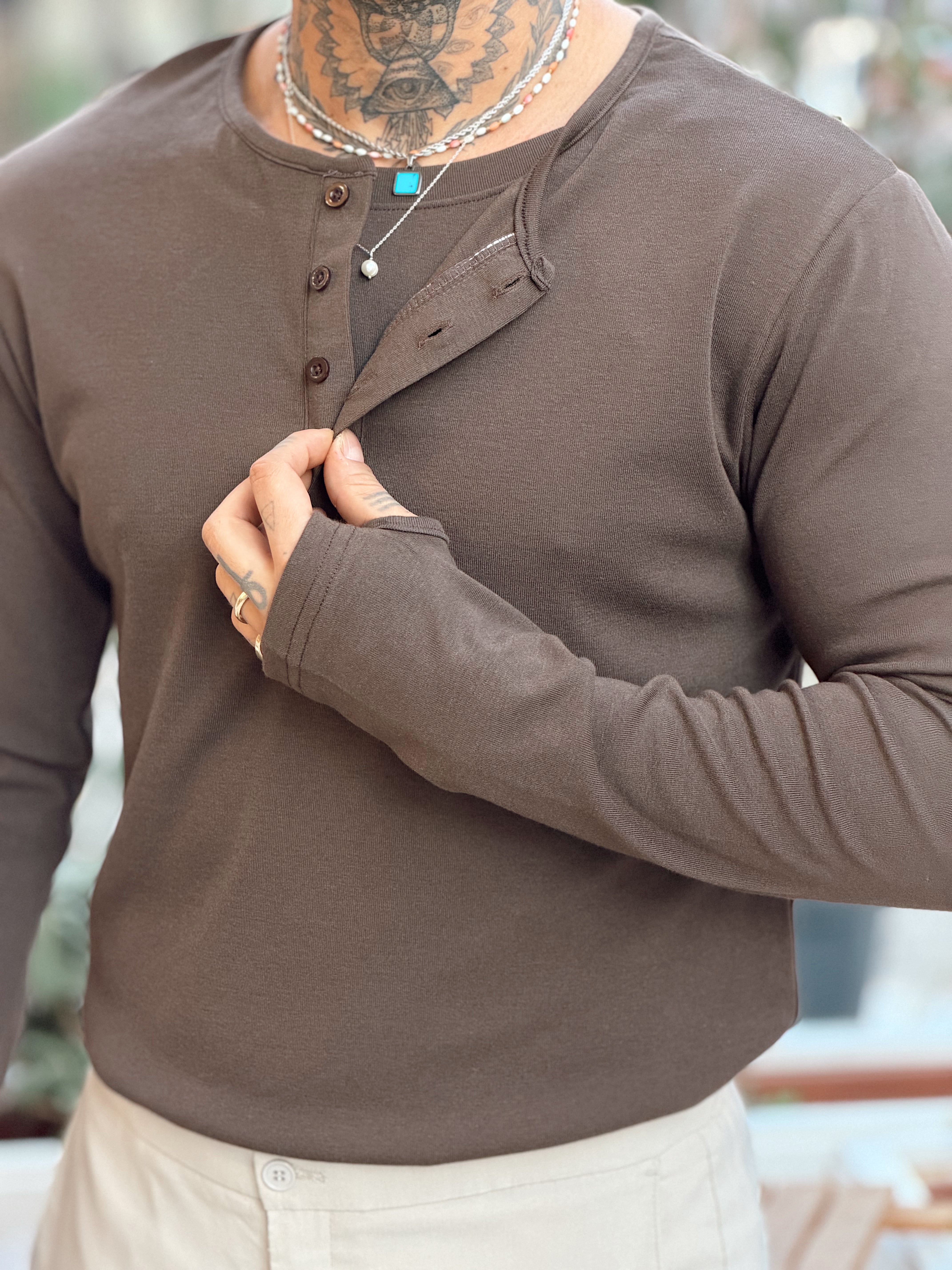 MS4134 - Çift Katmanlı Yakası Düğmeli Sweatshirt kahve