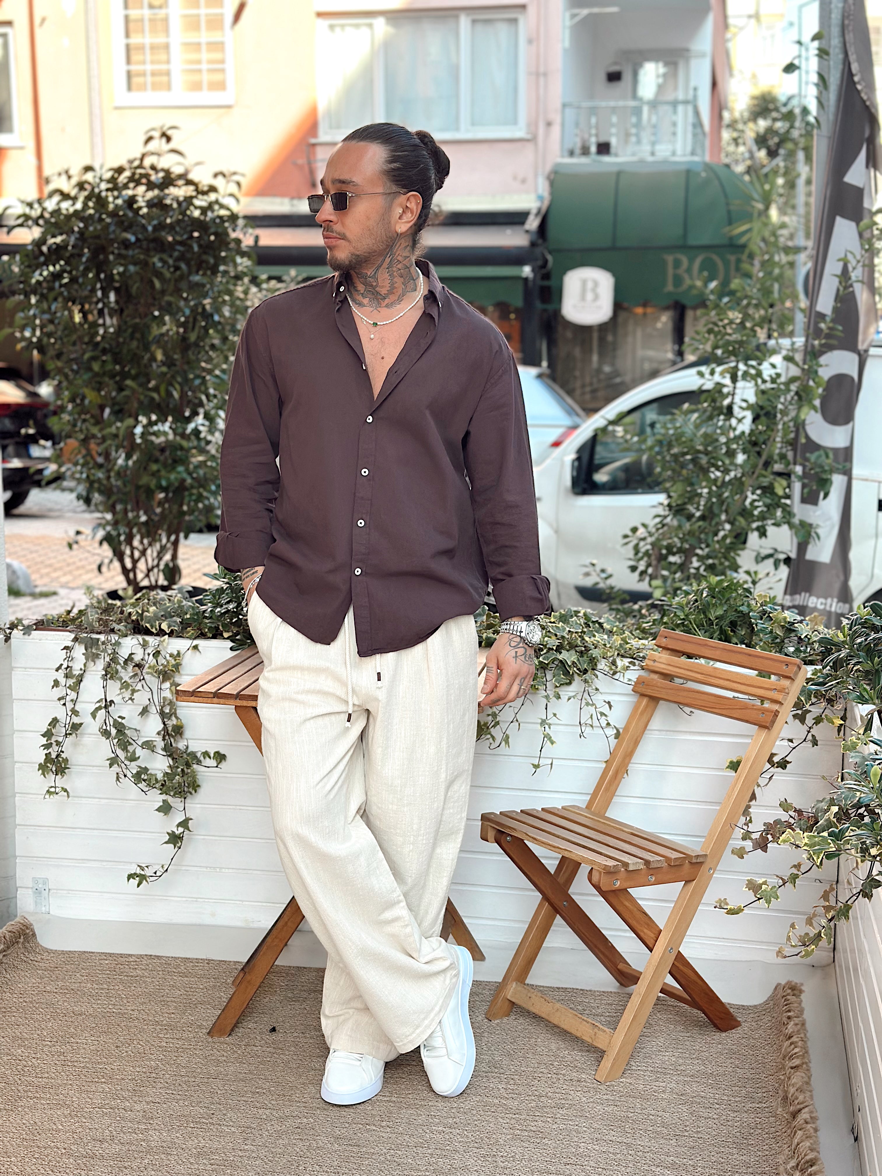 MG2522 - Oversize Fresh Keten Gömlek kahve
