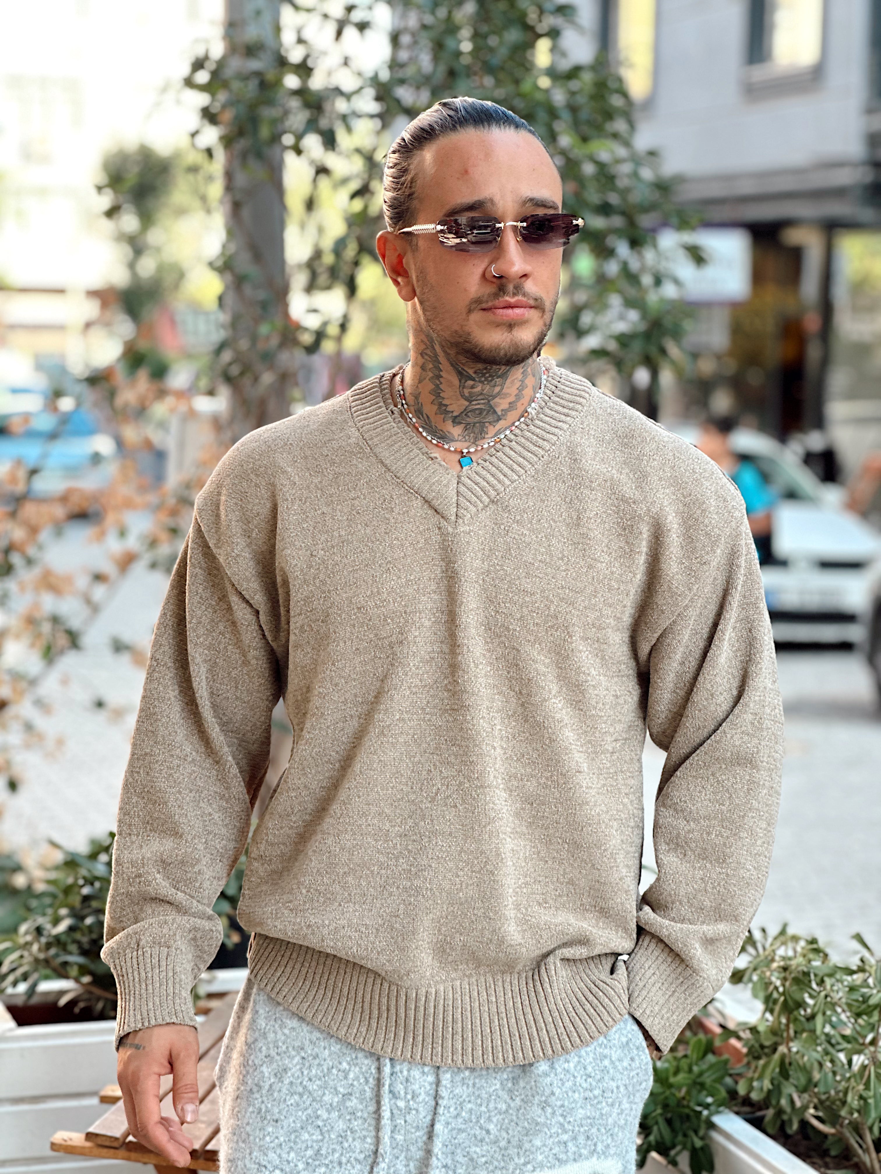 MS4049 - Çift V Yaka Örme Sweatshirt krem