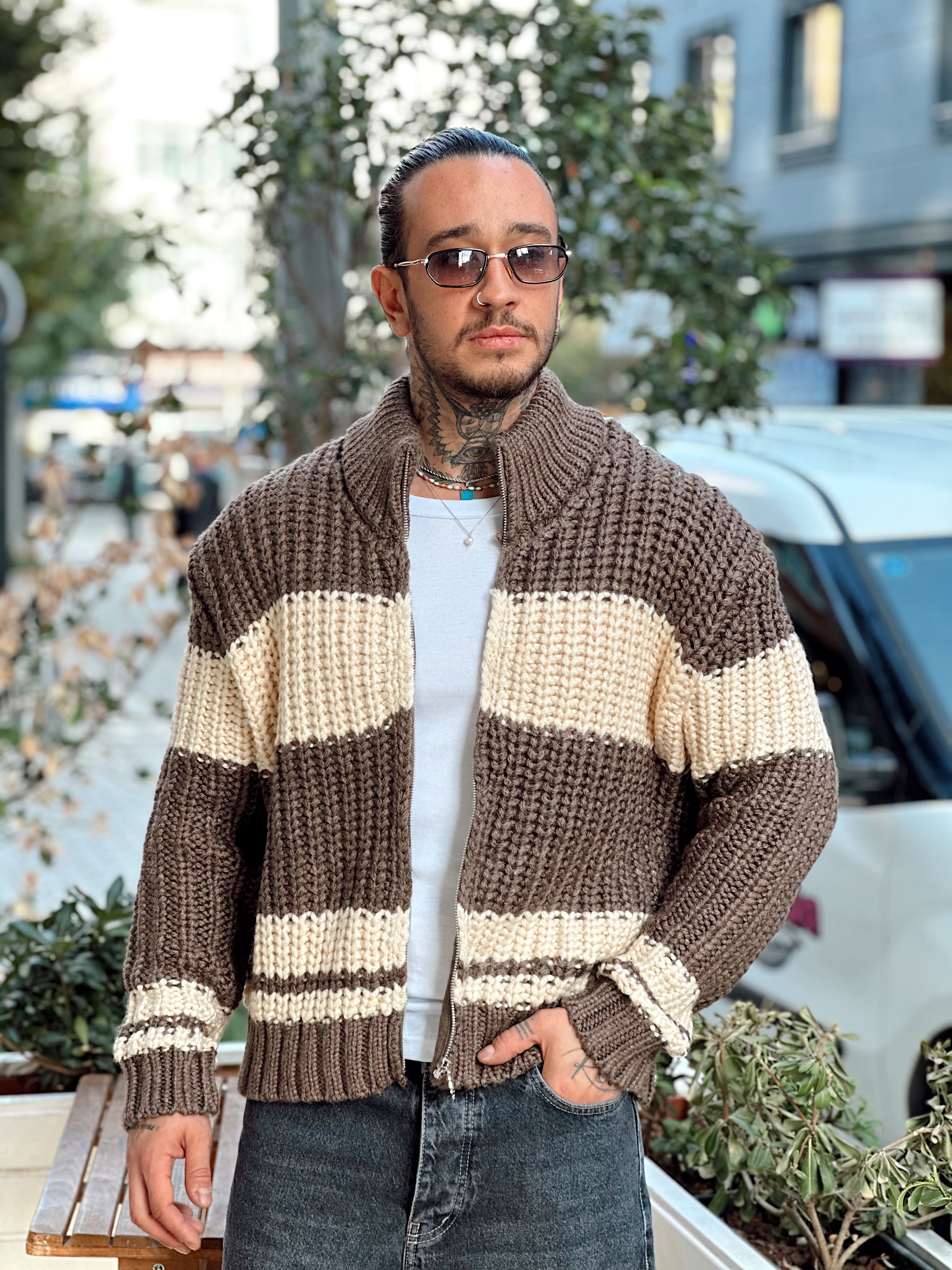 MS4092 - Çift Renk Çelik Örme Fermuarlı Hırka
