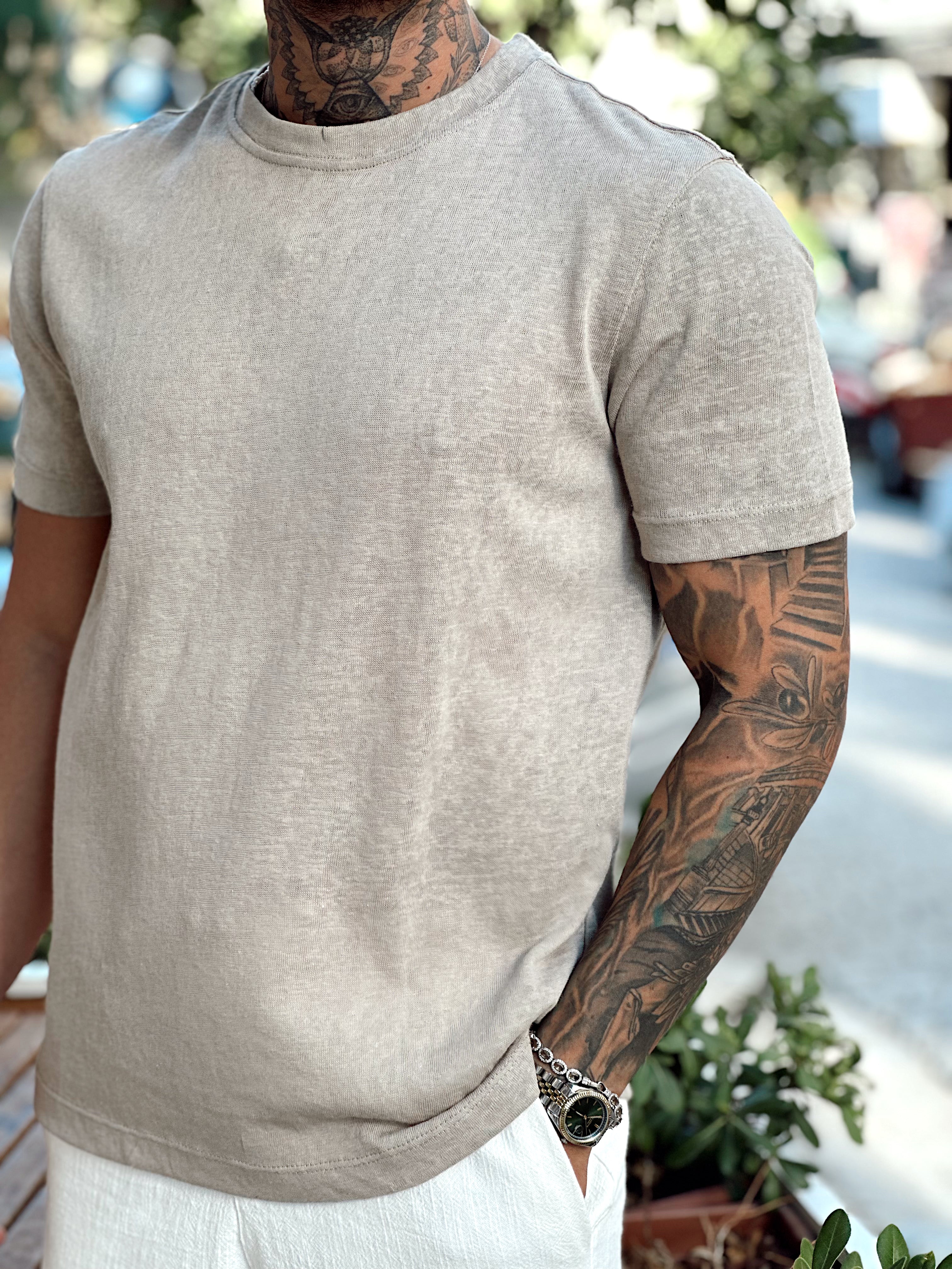 MT3091- Basic Flamlı Kumaş T-Shirt vizon